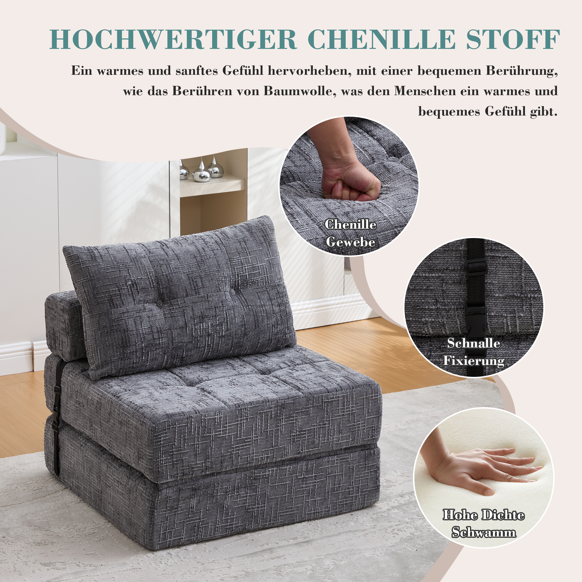 Klappbares Schlafsofa, Schlafsofa mit Kissen, falt