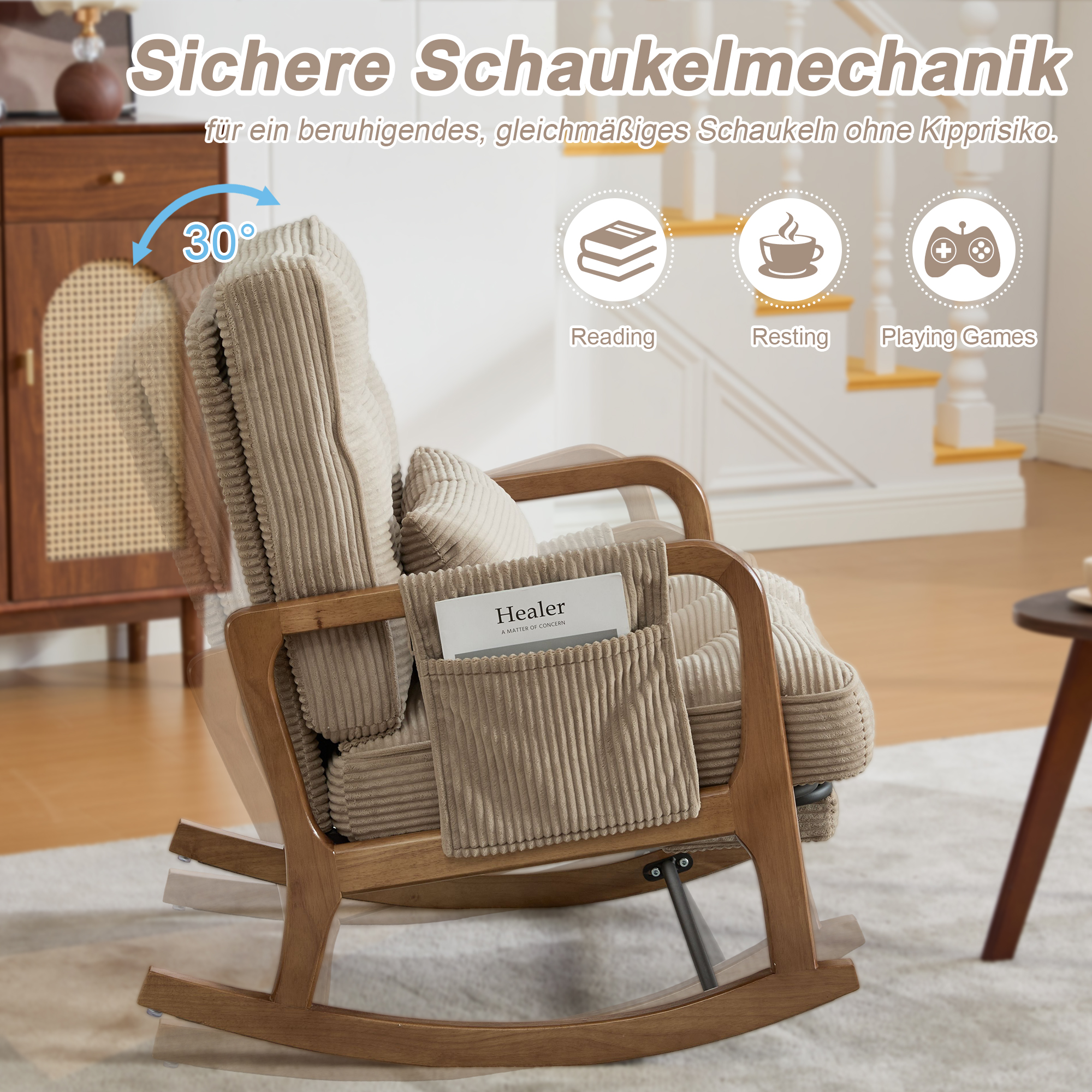 Moderner Schaukelstuhl mit Fußstütze, Cord-Baby-Se