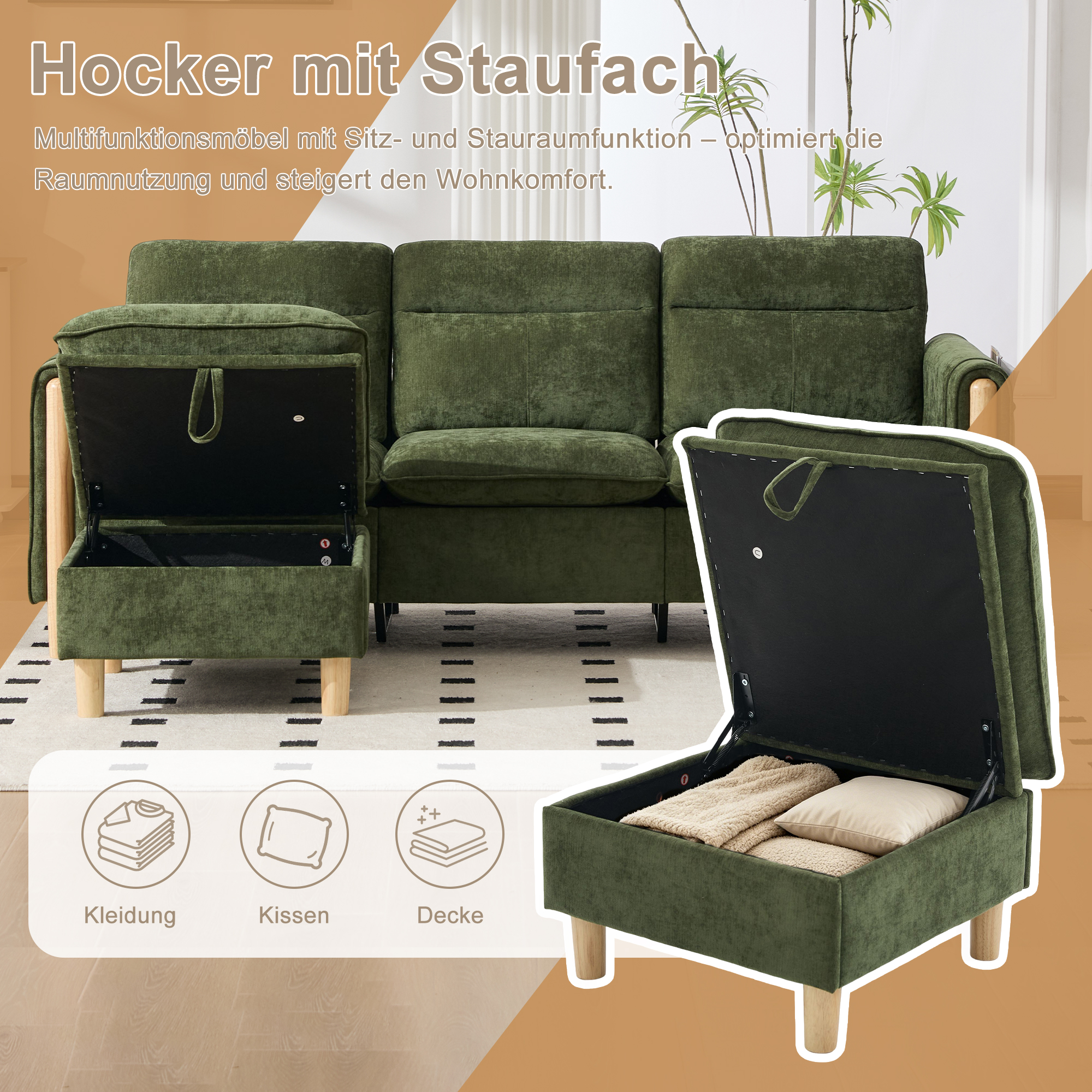 Canapé d’angle modulable 3 places canapé en L avec méridienne, avec pouf, avec rangement, chenille, Vert - spécifications 1