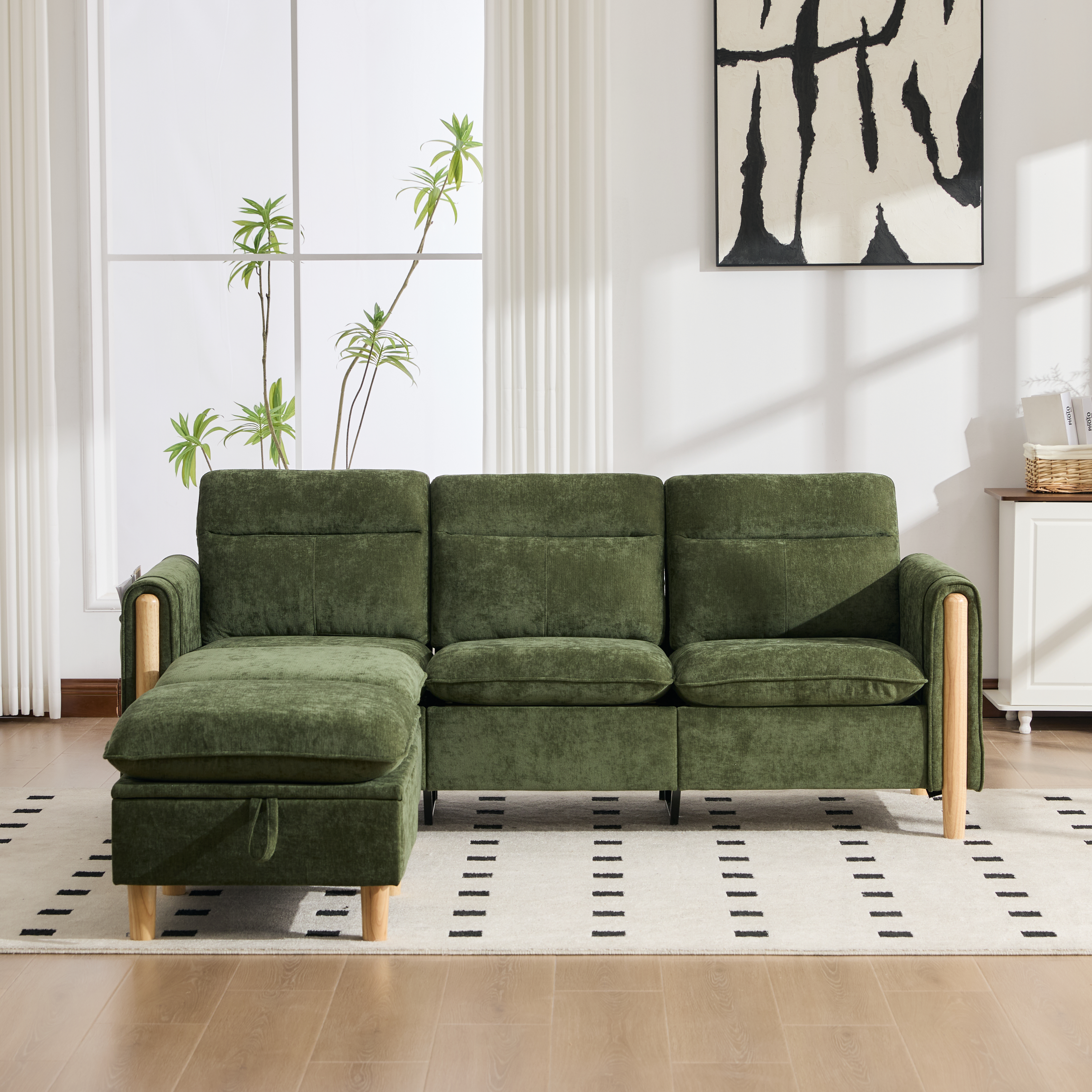 Canapé d’angle modulable 3 places canapé en L avec méridienne, avec pouf, avec rangement, chenille, Vert - présentation 1