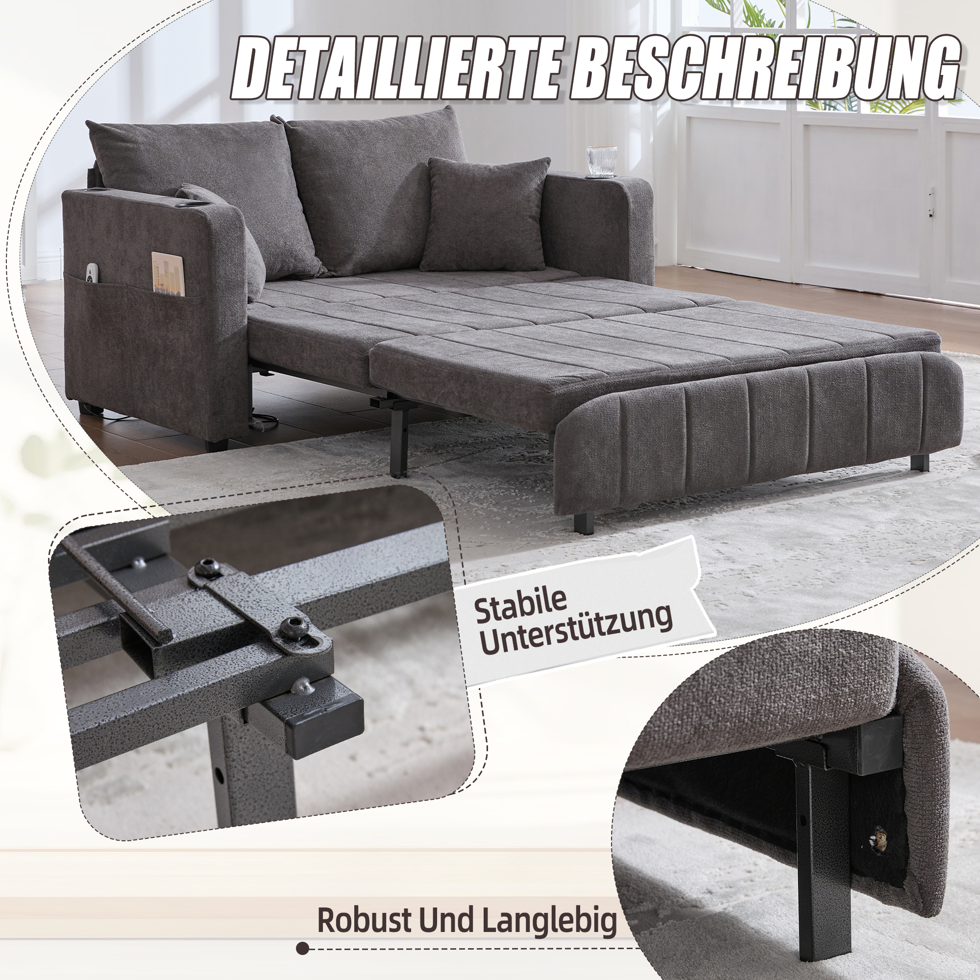 Multifunktionales Stoffsofa, ausziehbares Klappsof