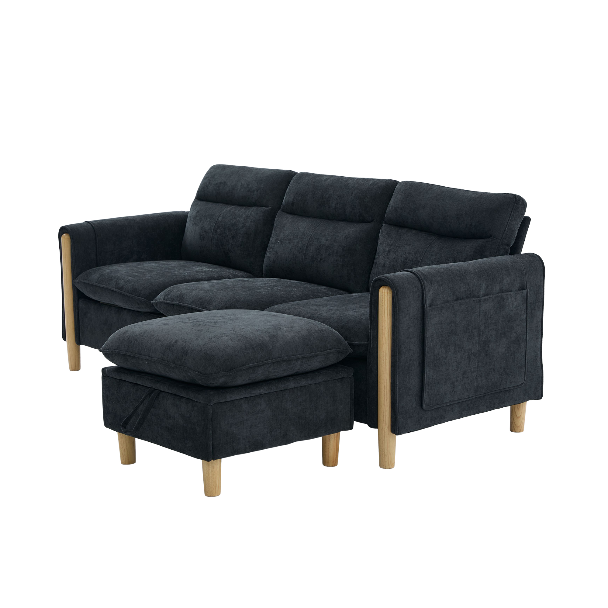 Canapé d’angle modulable 3 places canapé en L avec méridienne, avec pouf, avec rangement, chenille, Noir - points forts 1