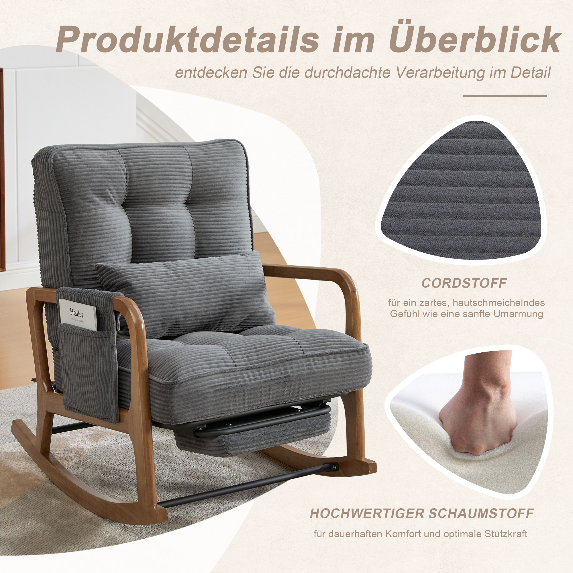 Moderner Schaukelstuhl mit Fußstütze, Cord-Baby-Se
