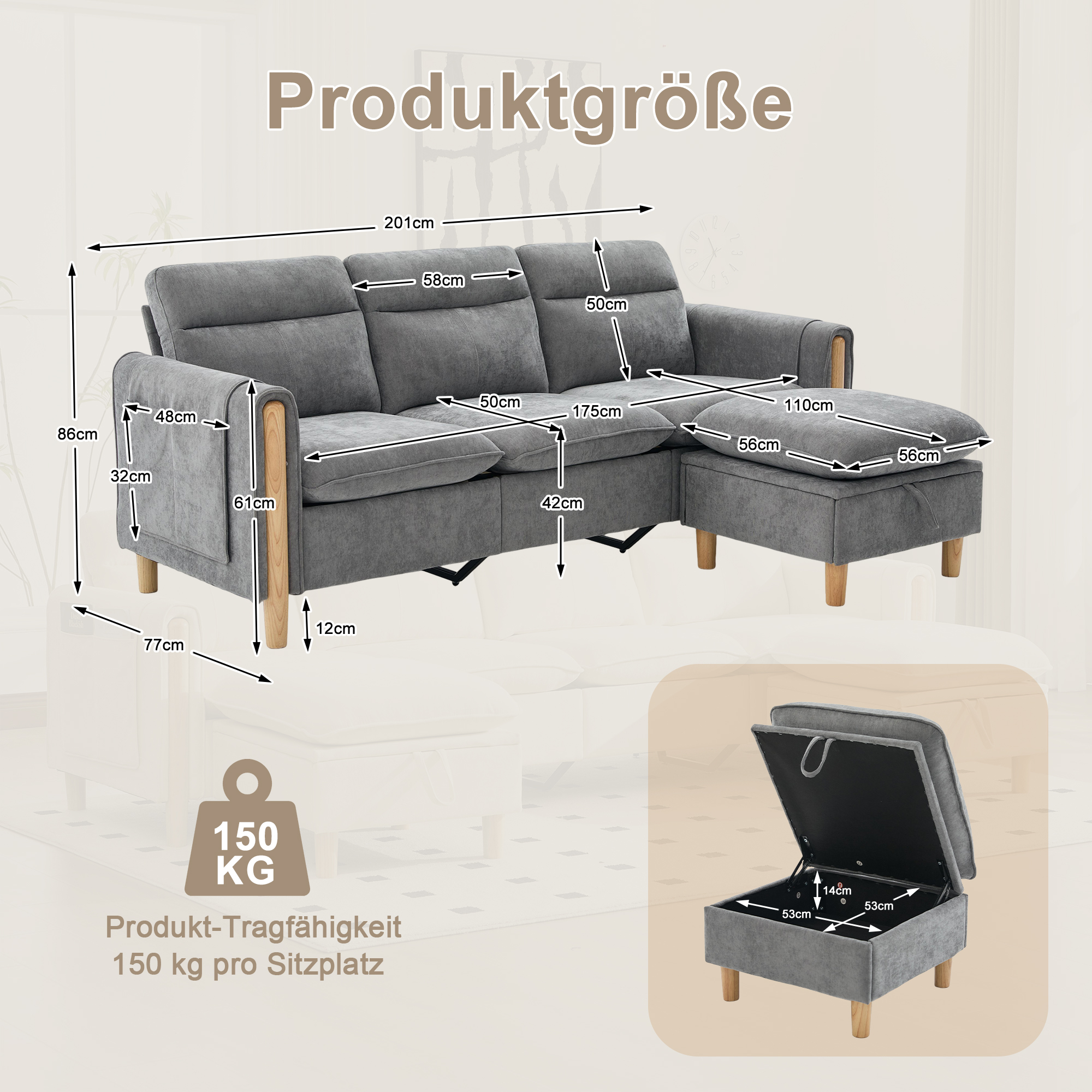 Canapé d’angle modulable 3 places canapé en L avec méridienne, avec pouf, avec rangement, chenille, Gris - vue complémentaire 1
