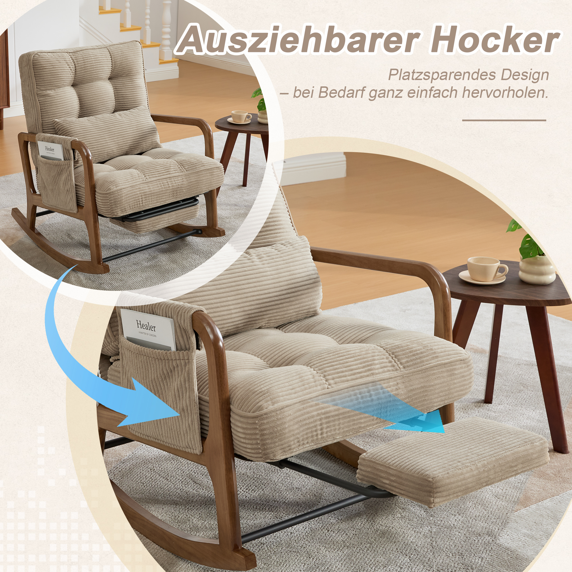 Moderner Schaukelstuhl mit Fußstütze, Cord-Baby-Se