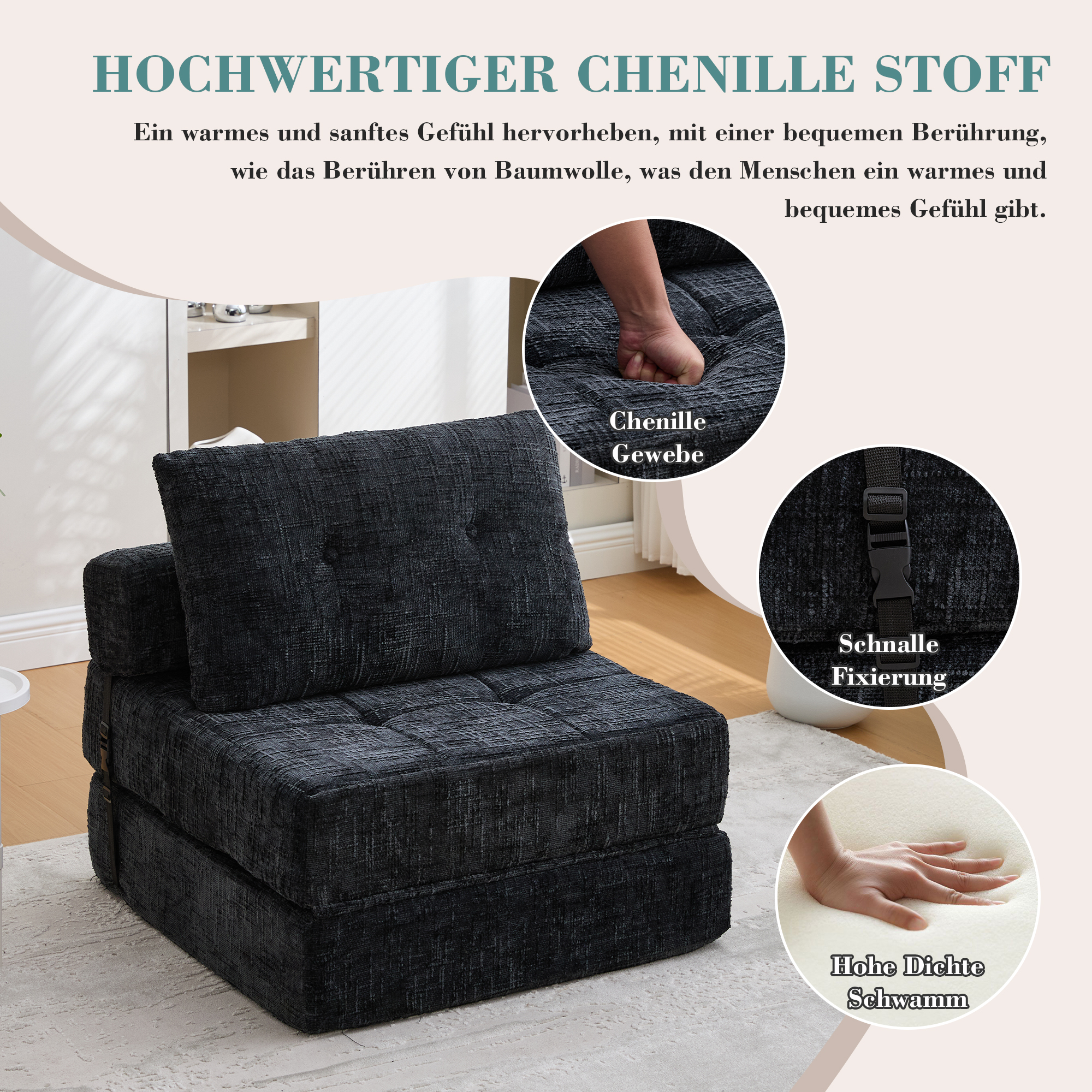 Klappbares Schlafsofa, Schlafsofa mit Kissen, falt