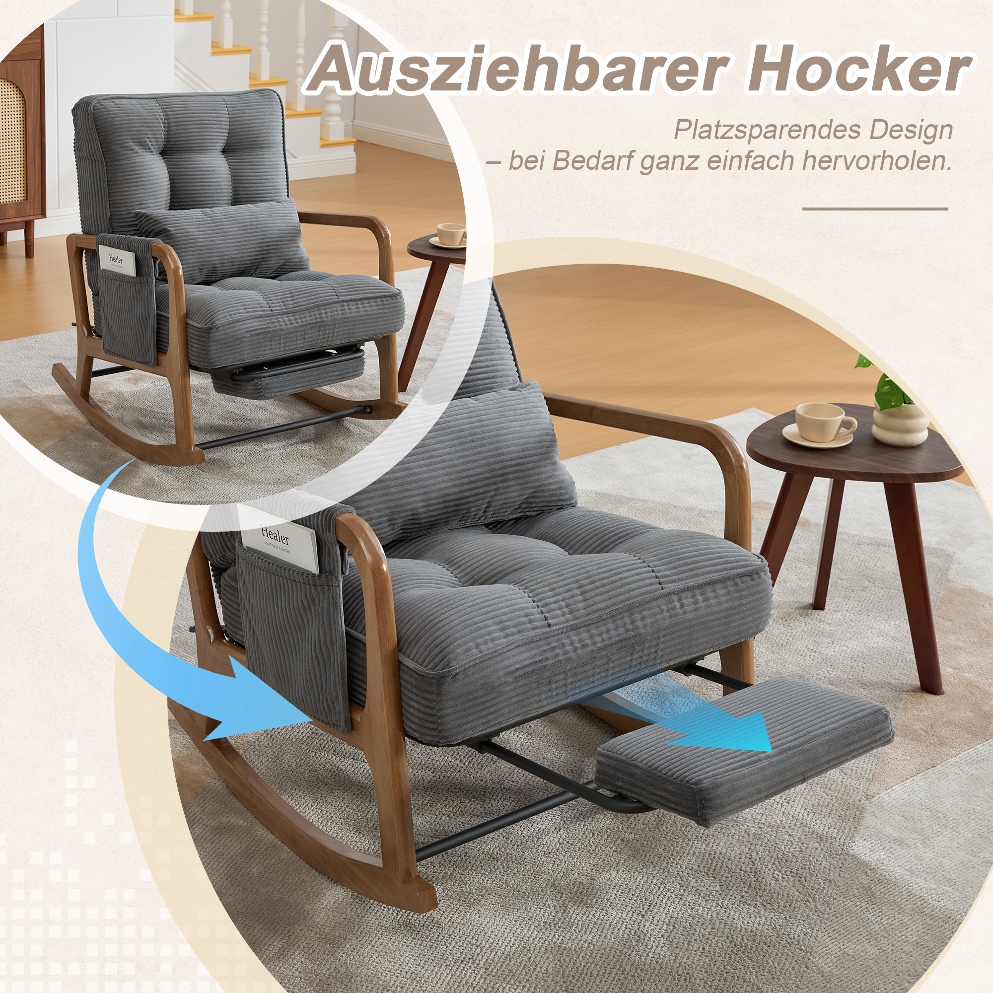 Moderner Schaukelstuhl mit Fußstütze, Cord-Baby-Se