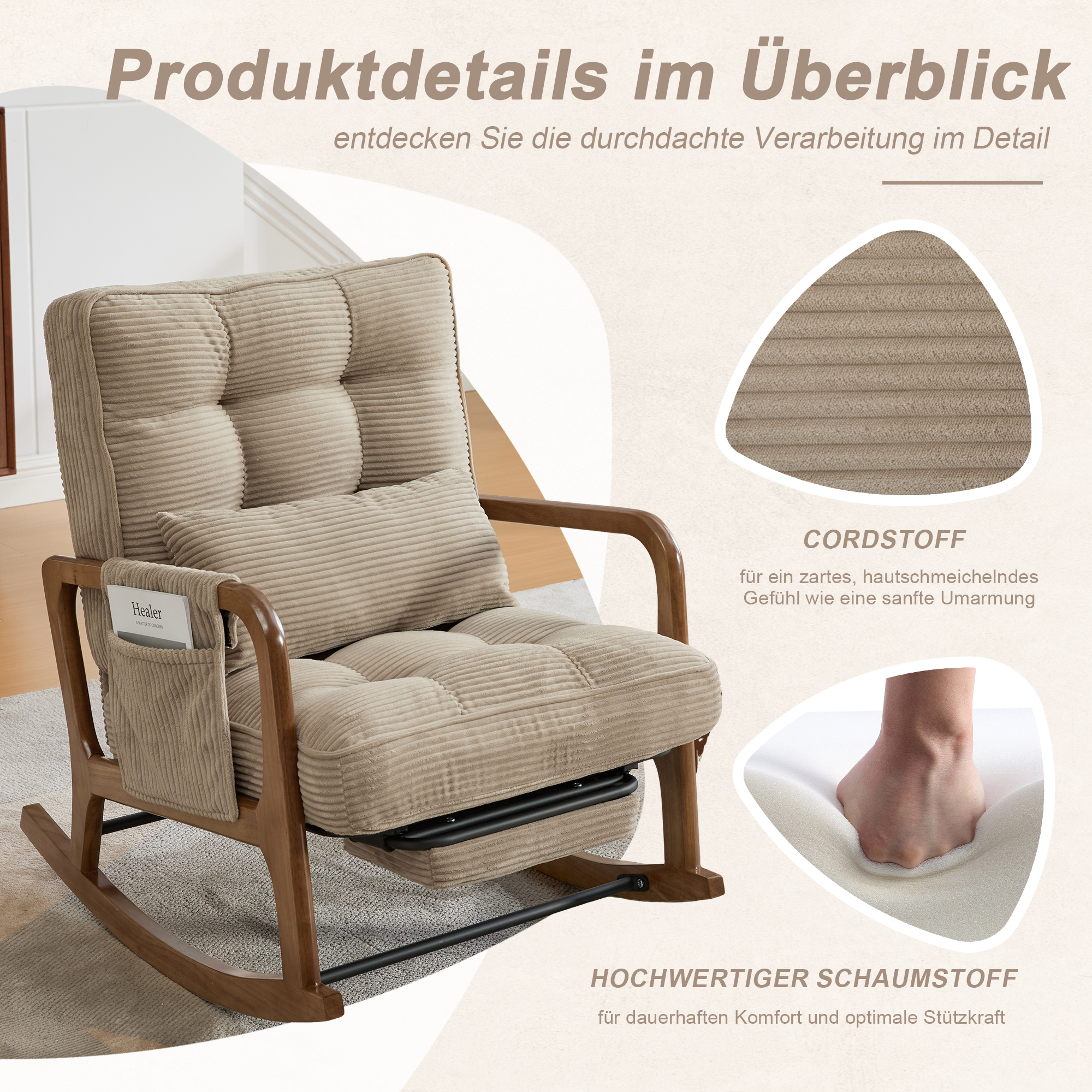 Moderner Schaukelstuhl mit Fußstütze, Cord-Baby-Se