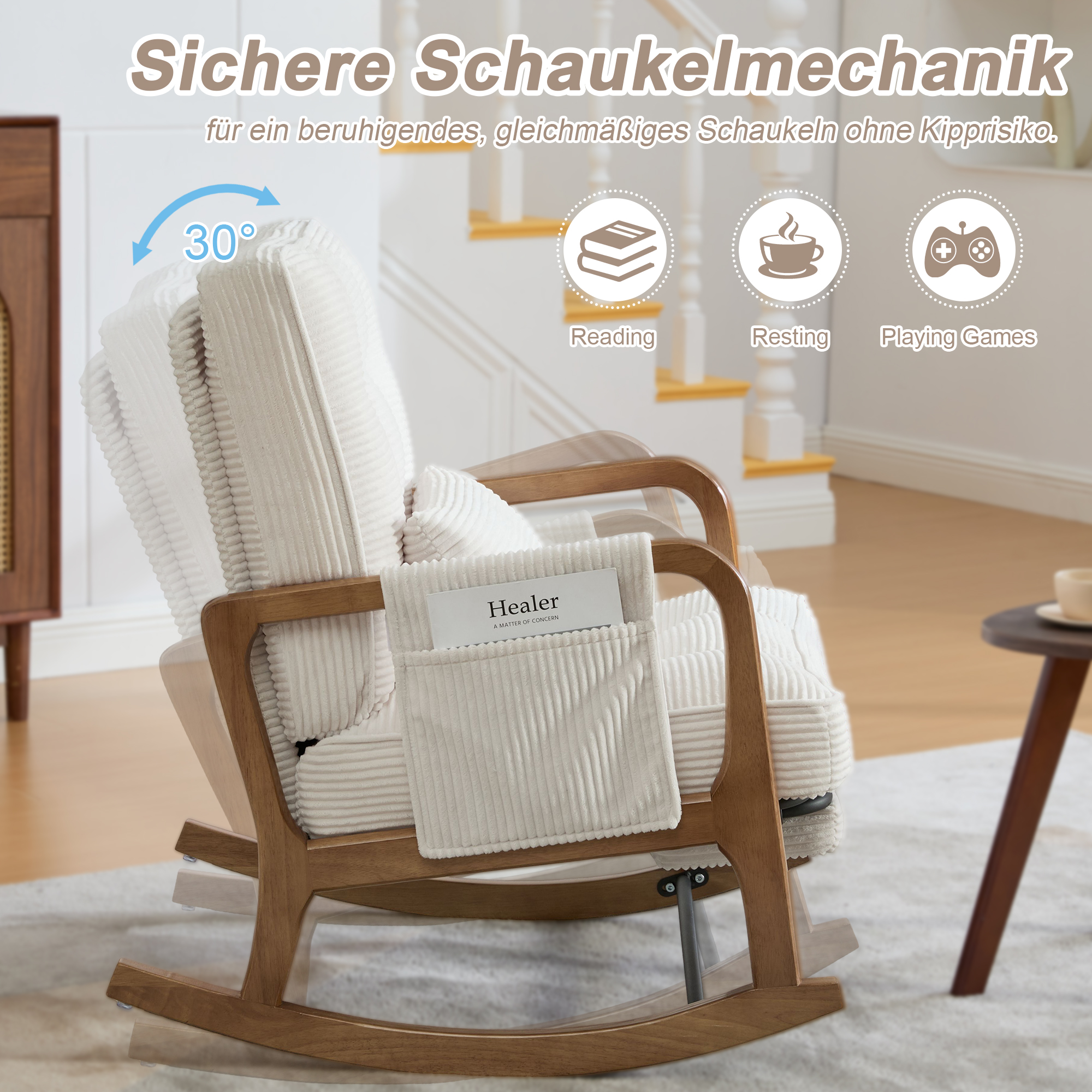 Moderner Schaukelstuhl mit Fußstütze, Cord-Baby-Se