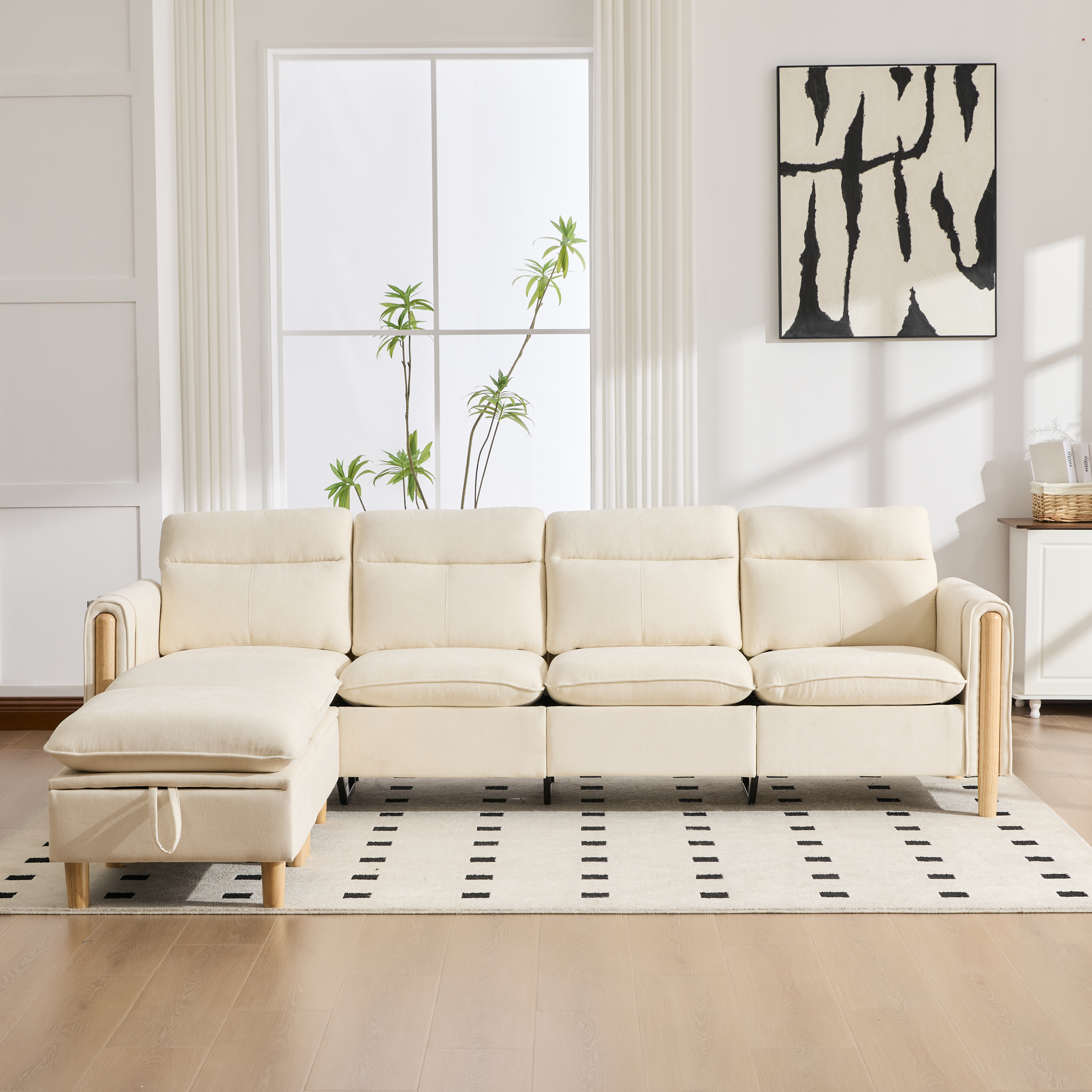 Canapé modulable en u 4 places canapé en U, avec pouf, avec rangement, chenille, Beige - présentation 1