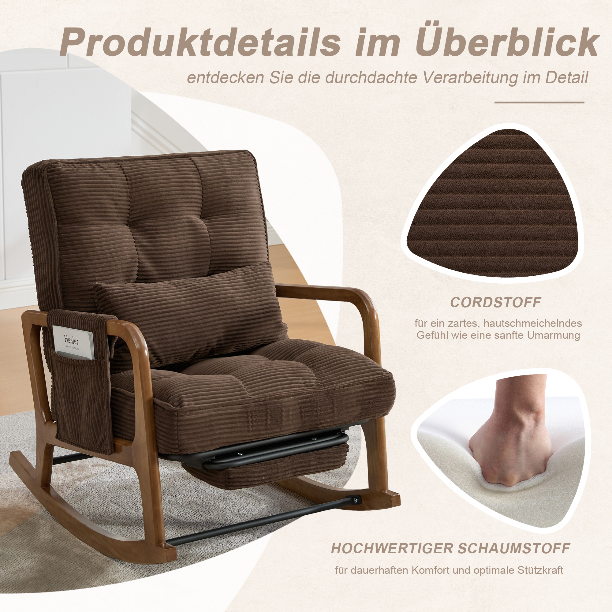 Moderner Schaukelstuhl mit Fußstütze, Cord-Baby-Se
