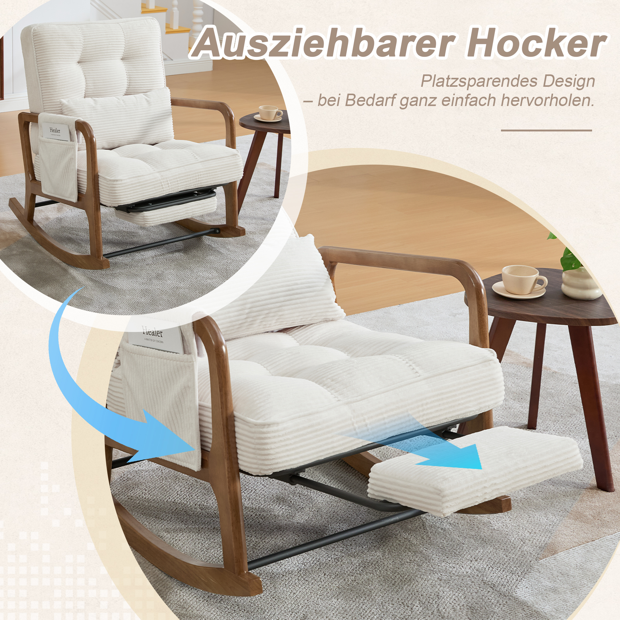 Moderner Schaukelstuhl mit Fußstütze, Cord-Baby-Se