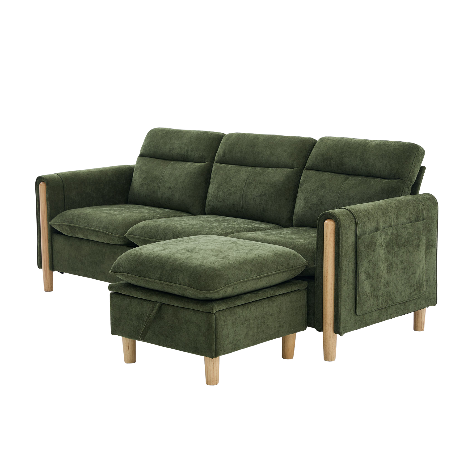 Canapé d’angle modulable 3 places canapé en L avec méridienne, avec pouf, avec rangement, chenille, Vert - points forts 1