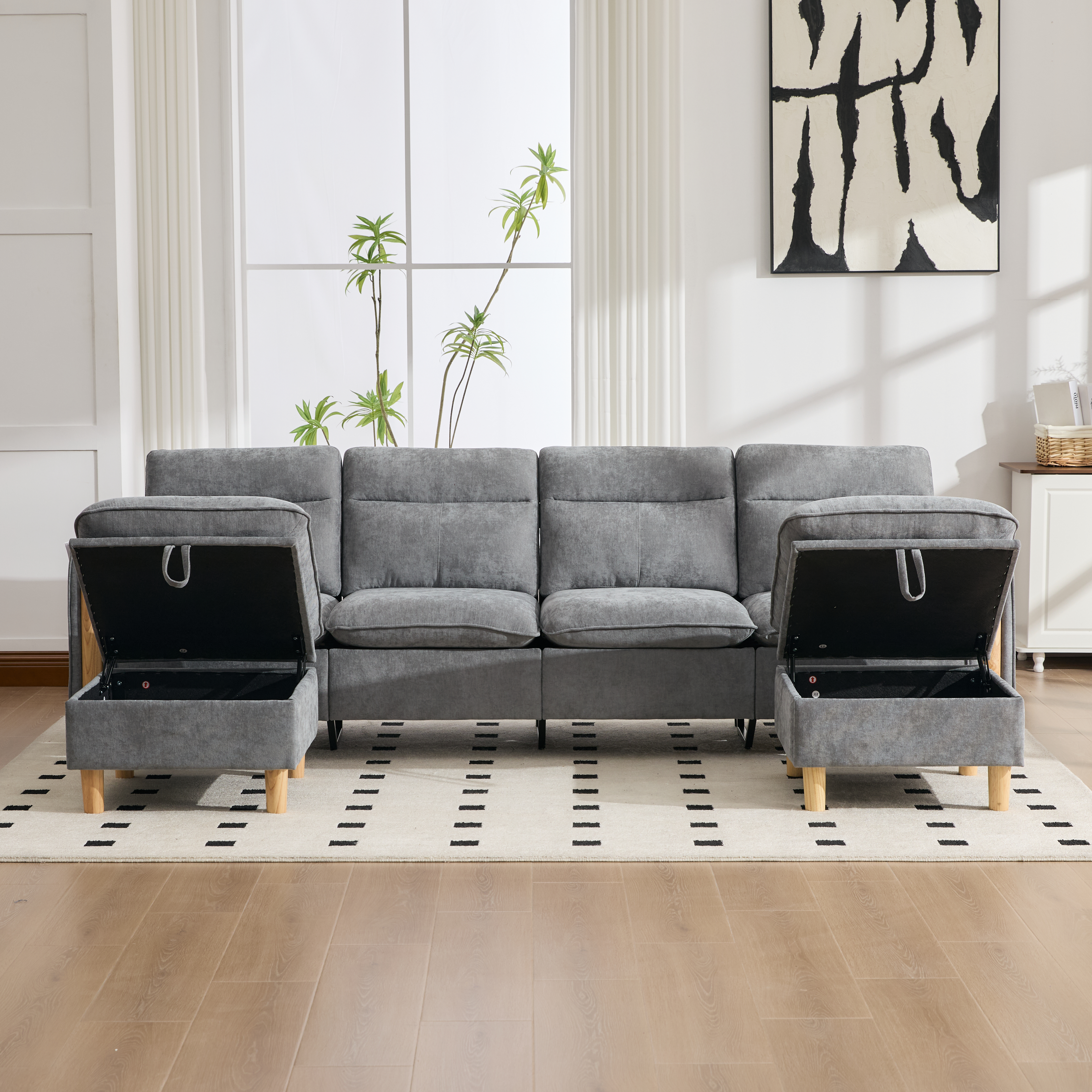 Canapé modulable en u 4 places canapé en U, avec pouf, avec rangement, chenille, Gris - présentation 1
