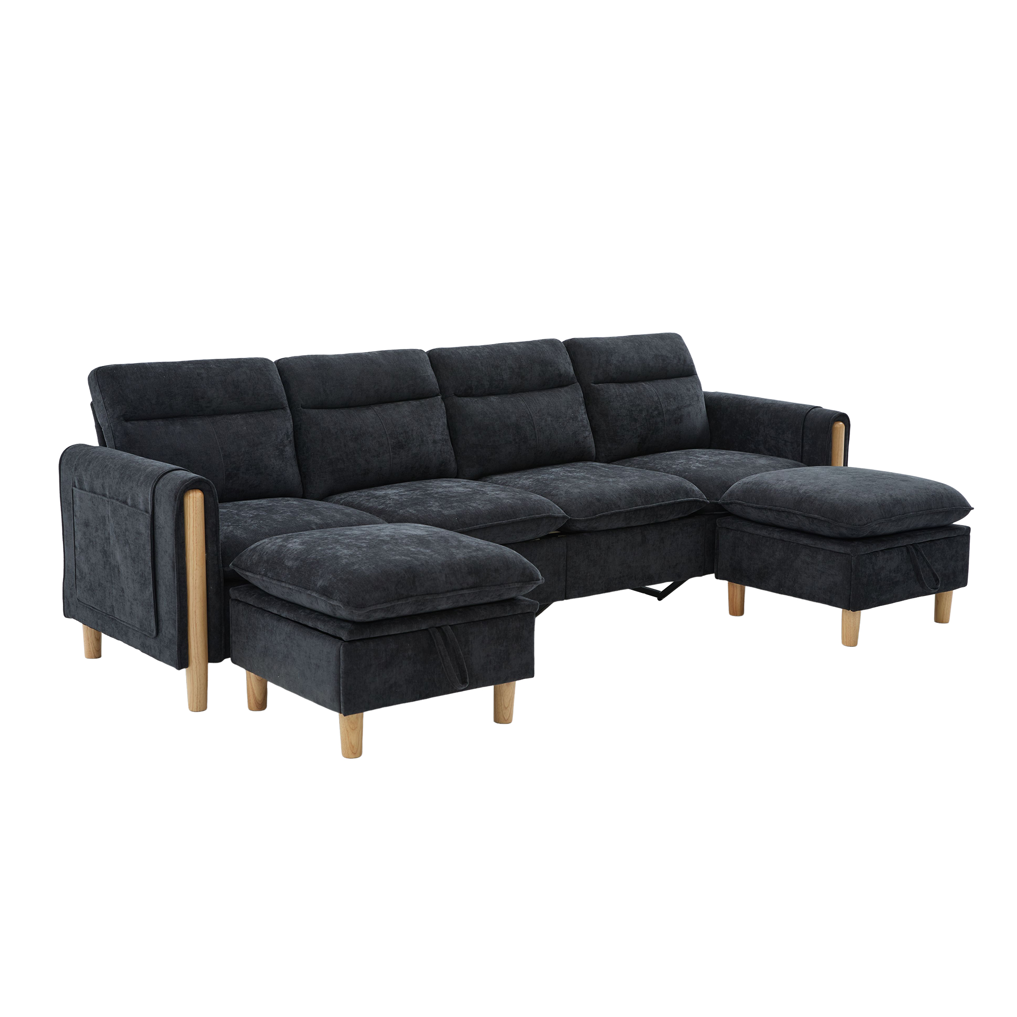 Canapé modulable en u 4 places canapé en U, avec pouf, avec rangement, chenille, Noir - points forts 1
