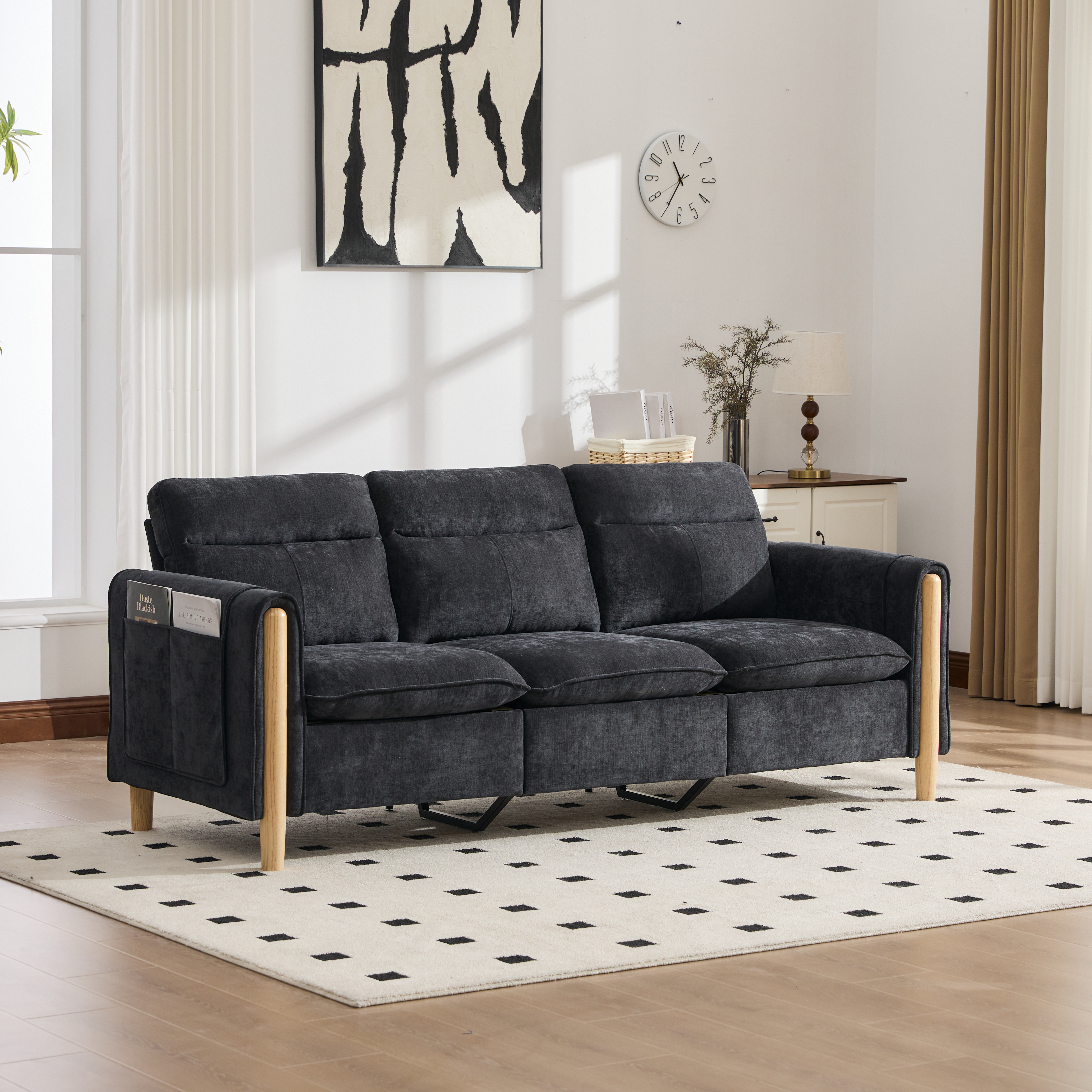 Canapé d’angle modulable 3 places canapé en L avec méridienne, avec pouf, avec rangement, chenille, Noir - présentation 1