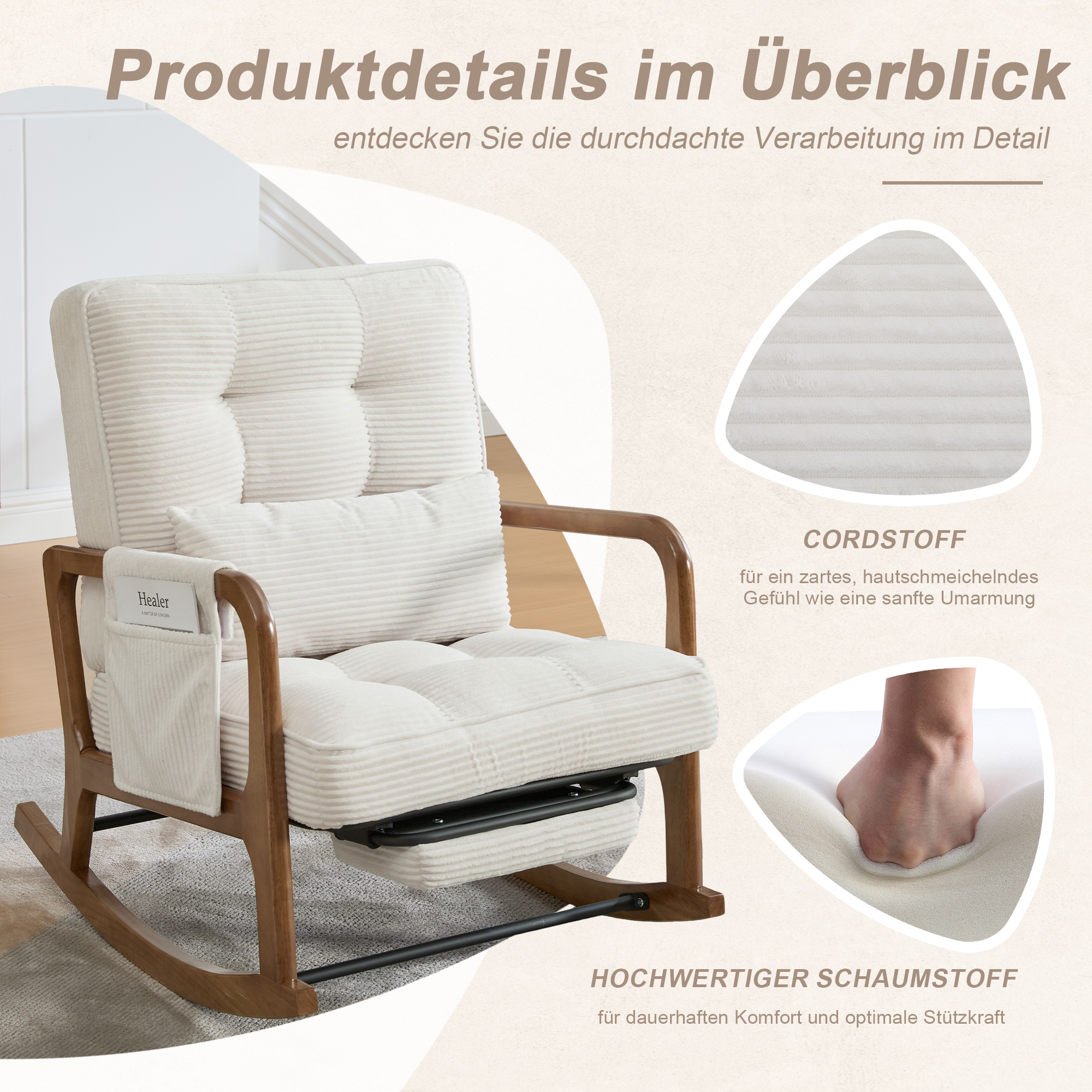 Moderner Schaukelstuhl mit Fußstütze, Cord-Baby-Se