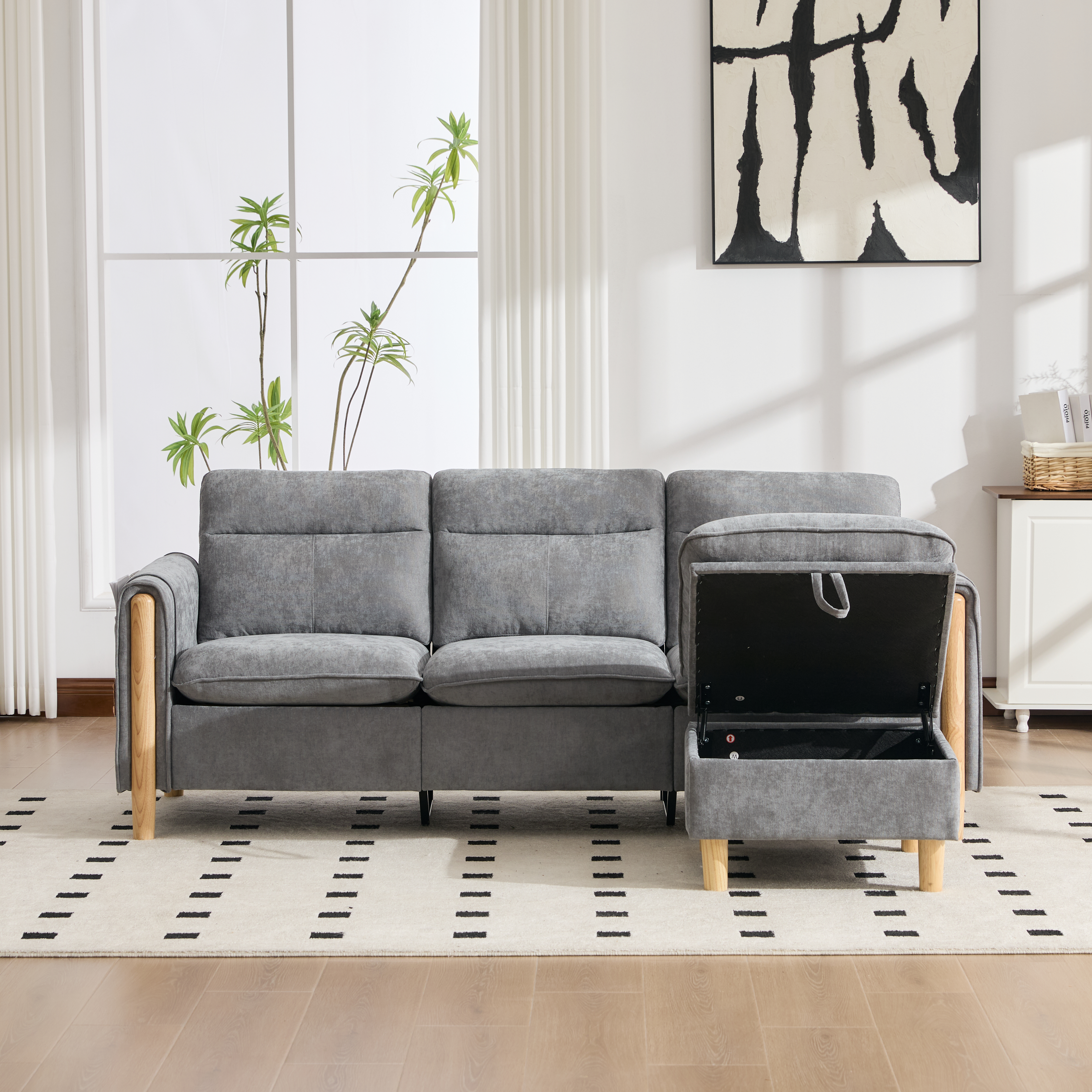 Canapé d’angle modulable 3 places canapé en L avec méridienne, avec pouf, avec rangement, chenille, Gris - présentation 1