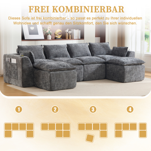 Canapé modulable 4 places avec 2 poufs gris