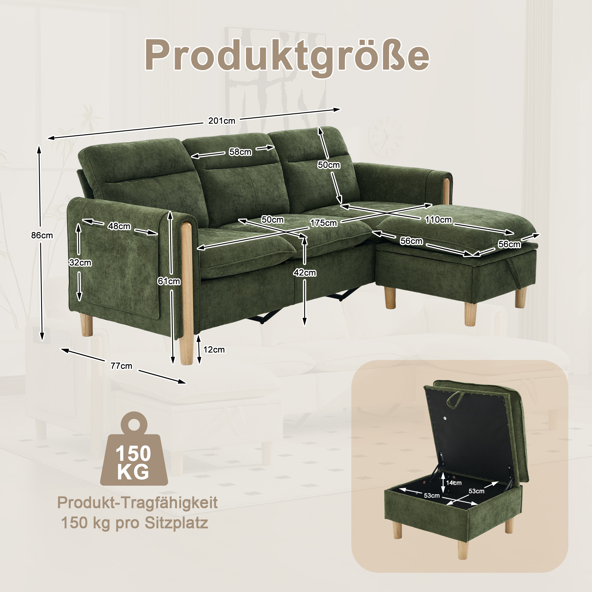 Canapé d’angle modulable 3 places canapé en L avec méridienne, avec pouf, avec rangement, chenille, Vert - vue complémentaire 1