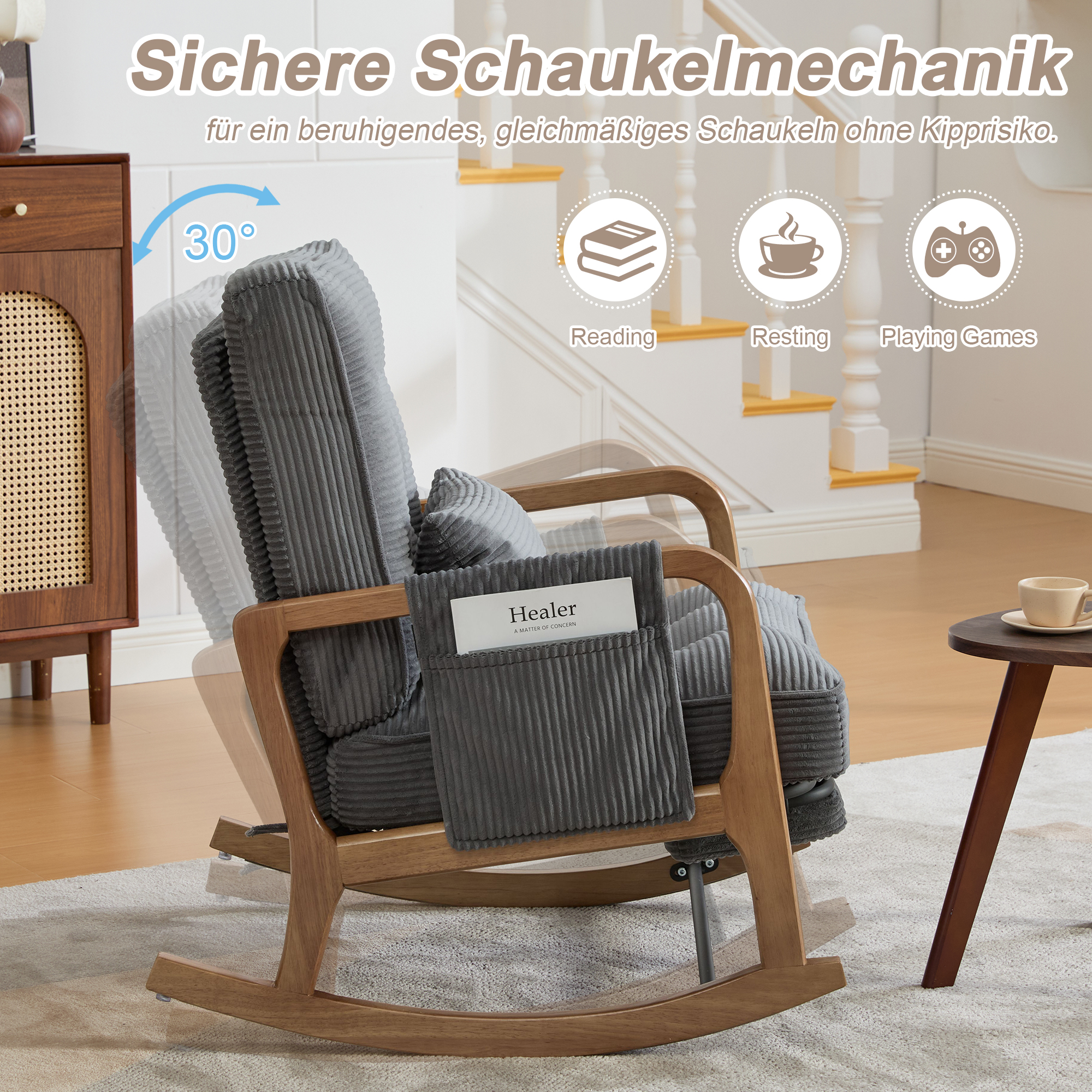 Moderner Schaukelstuhl mit Fußstütze, Cord-Baby-Se