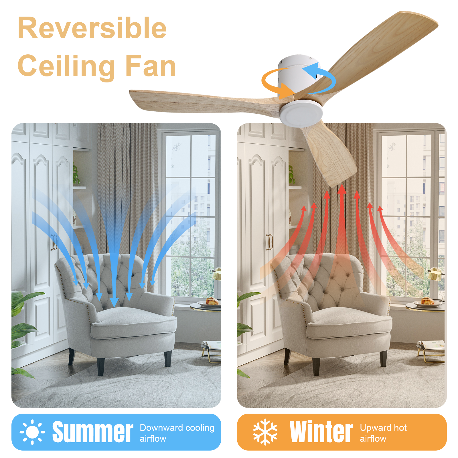 132 cm Deckenventilator ohne Licht, 3 massive Holz