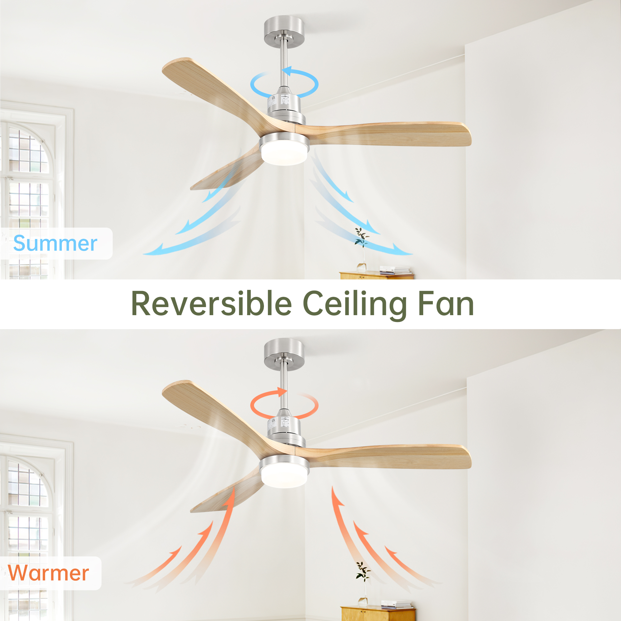 Ventilateur plafond 52 pouces nickel brossé bois LED
