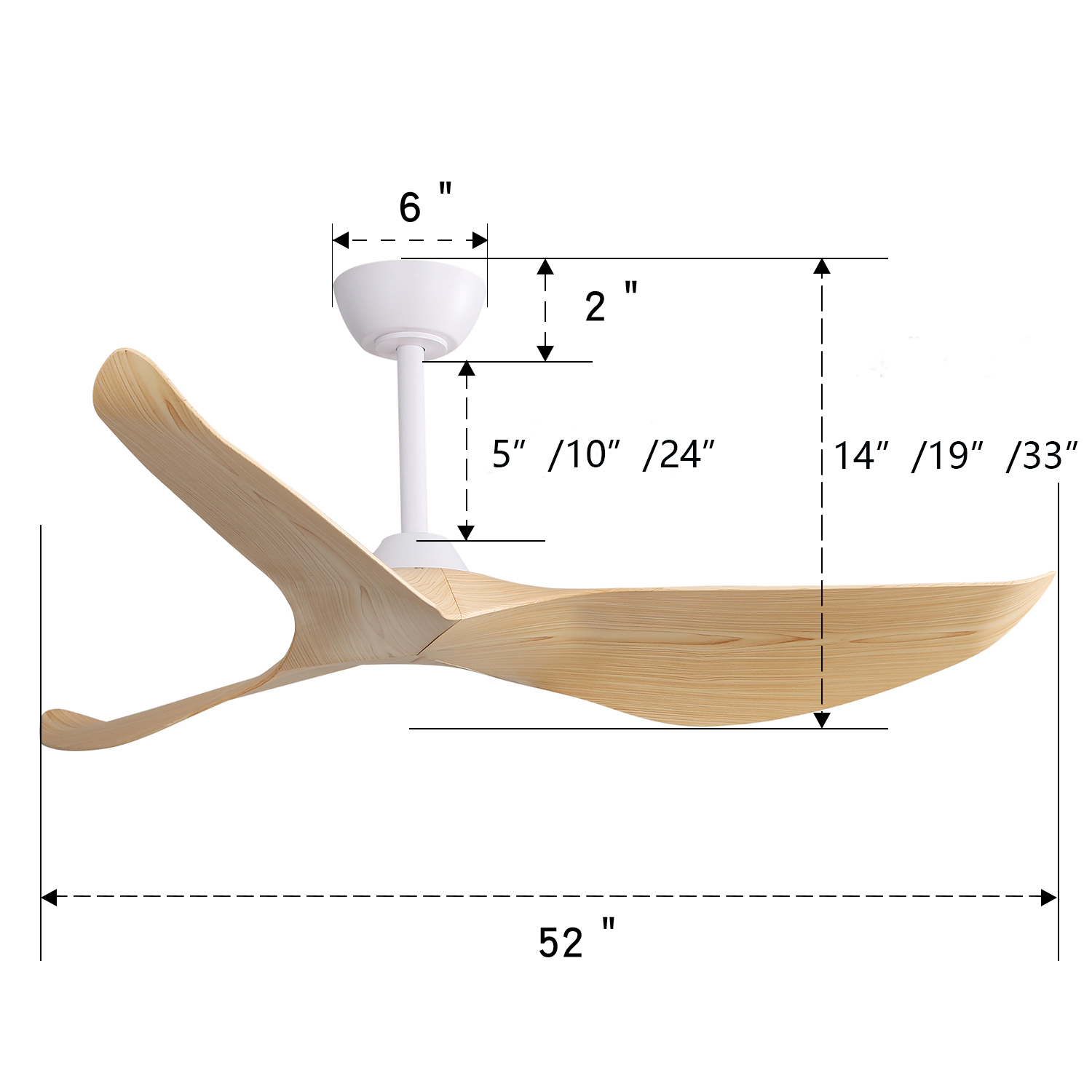 Dimensions ventilateur plafond 52 pouces blanc ABS