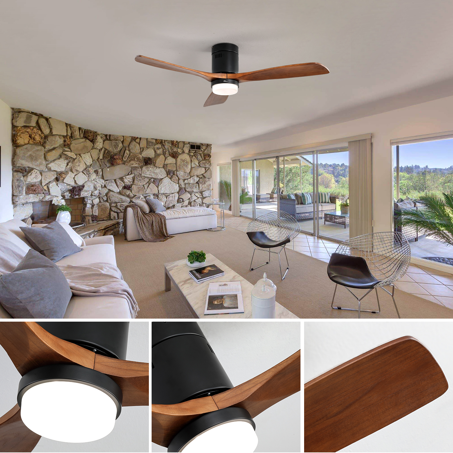 Éclairage LED 18W 3 couleurs du ventilateur de plafond en noyer