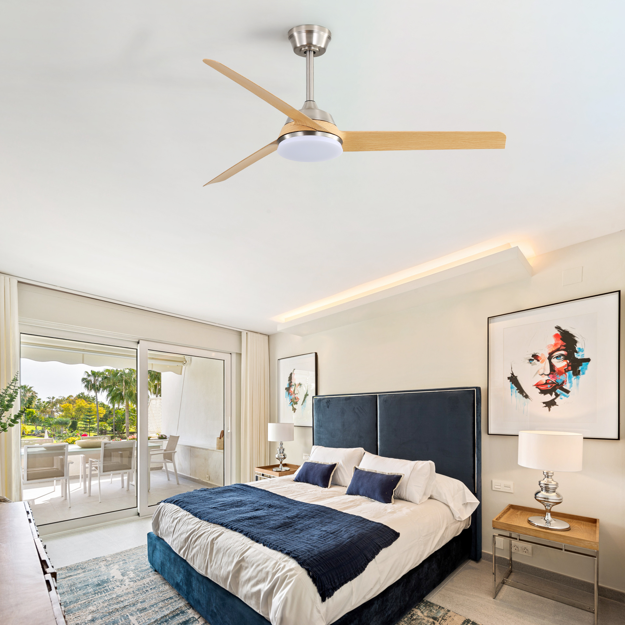 Ventilateur plafond 52 pouces nickel brossé LED ABS