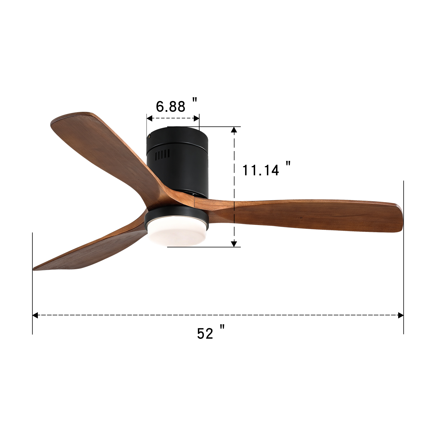 Ventilateur de plafond 52 pouces noir mat avec pales en noyer massif