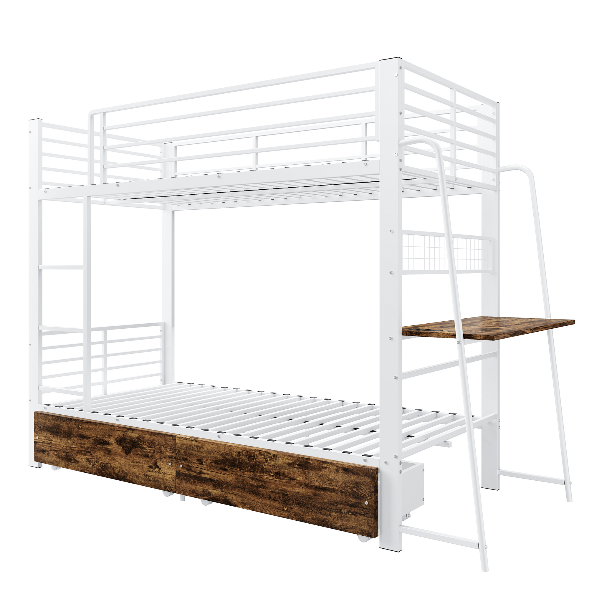 Lit mezzanine en métal 90 x 200 cm avec bureau, éclairage LED, tiroirs et rangements, Noir et Dark Walnut et Blanc mat