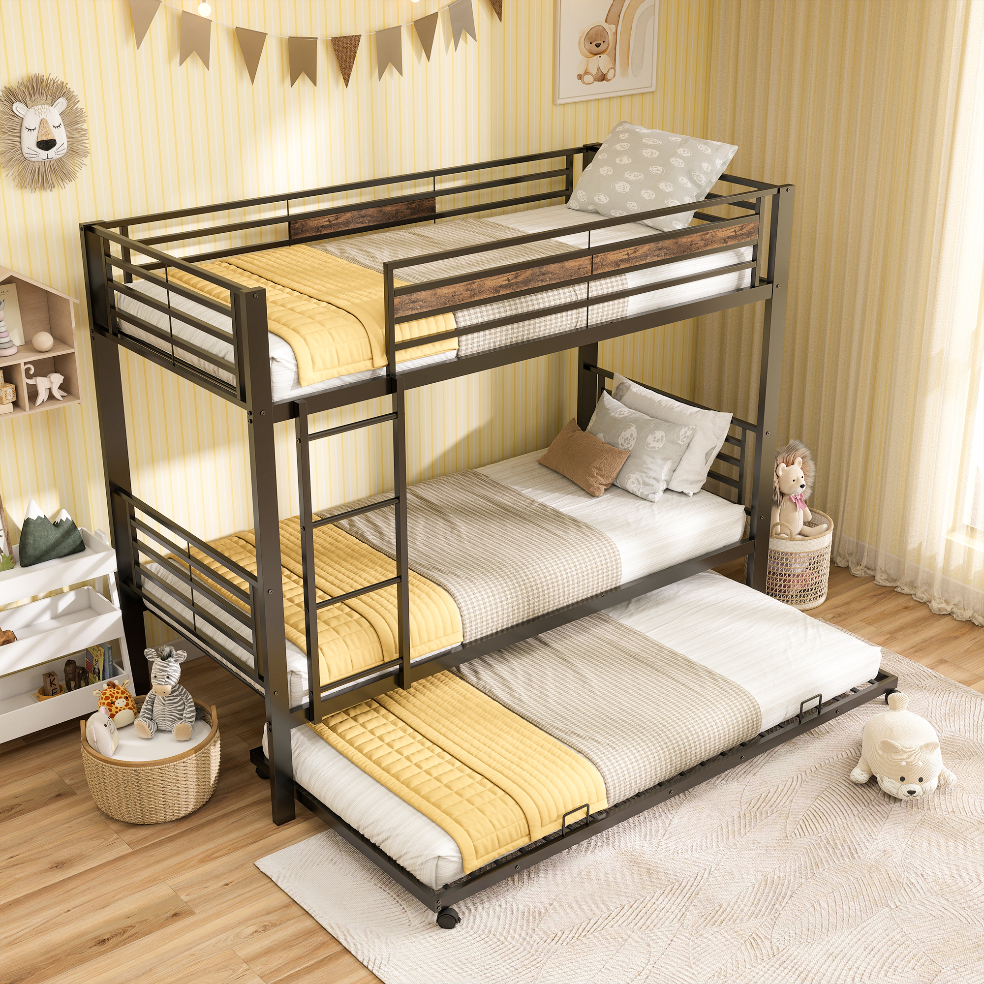Lit superposé 90cm x 200cm avec lit gigogne, barrières de sécurité, en métal, noir et bois vintage, pour chambre enfant, sans matelas