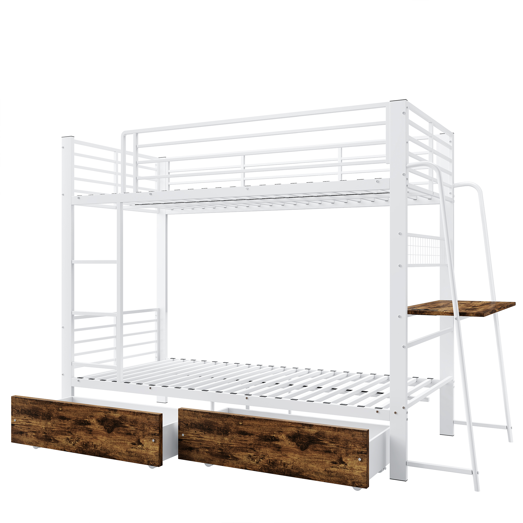 Détails de Lit mezzanine en métal 90 x 200 cm avec bureau, éclairage LED, tiroirs et rangements, Noir et Dark Walnut et Blanc mat