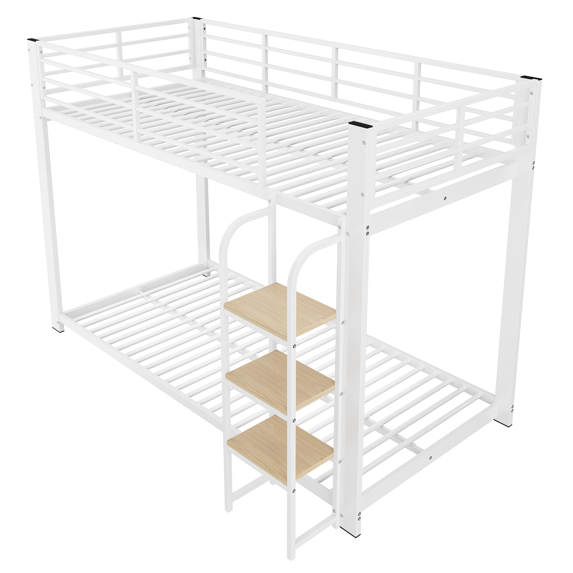 Détails de Lit superposé en métal 90 x 200 cm avec barrières de sécurité, Blanc et Effet noyer