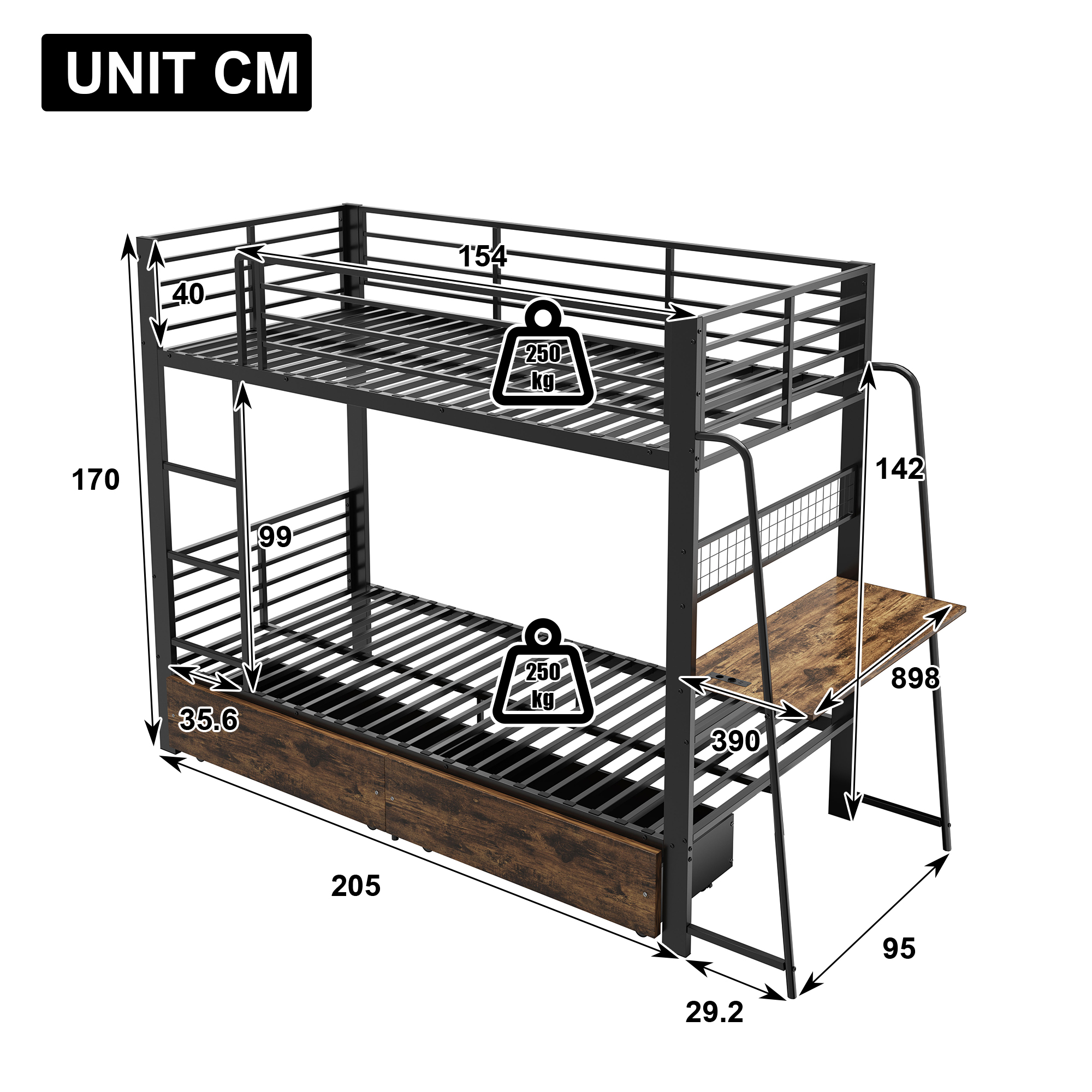Dimensions et fonctions de Lit mezzanine en métal 90 x 200 cm avec bureau, éclairage LED, tiroirs et rangements, Noir, sans matelas