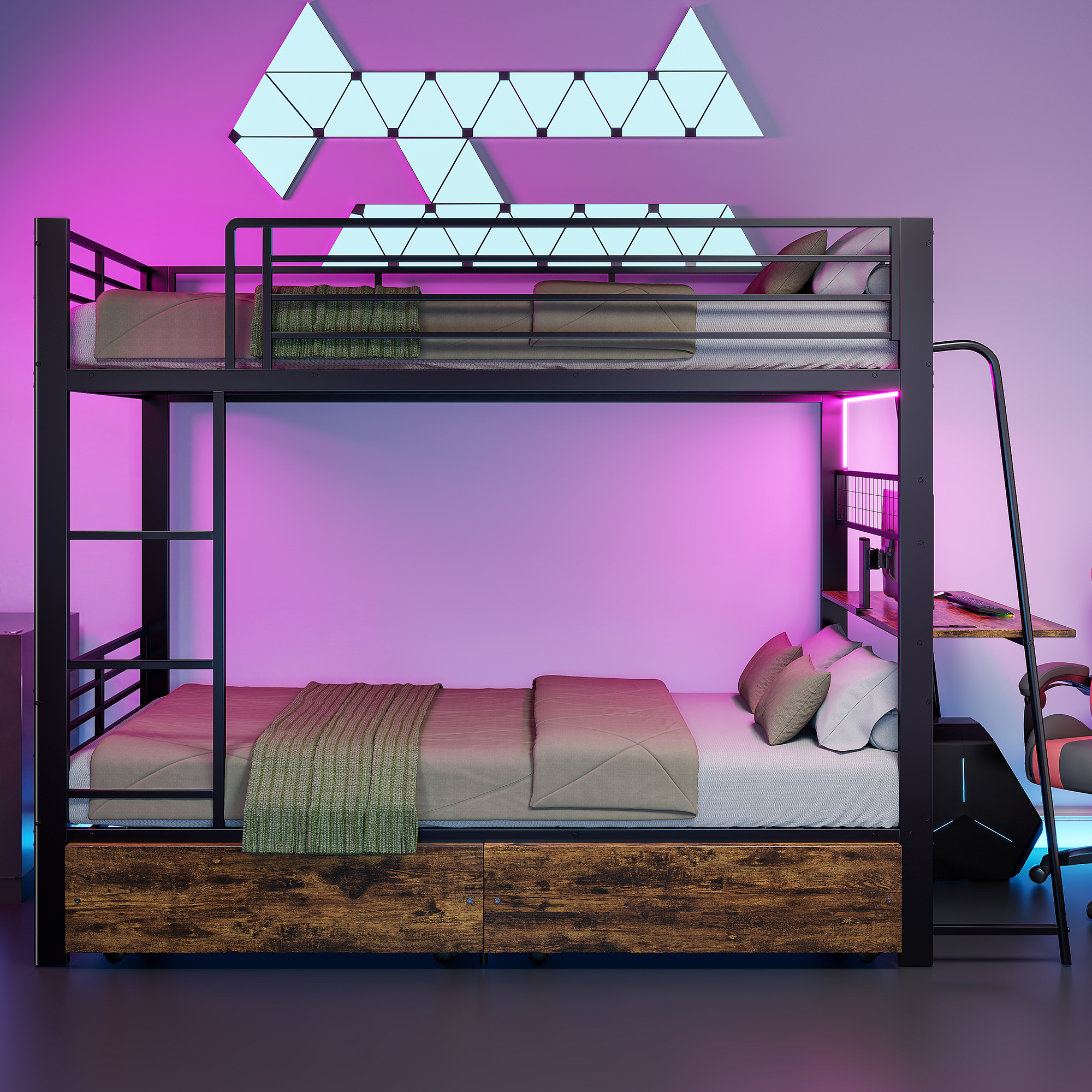 Etagenbett Metall 90x200 cm mit Schreibtisch, LED-