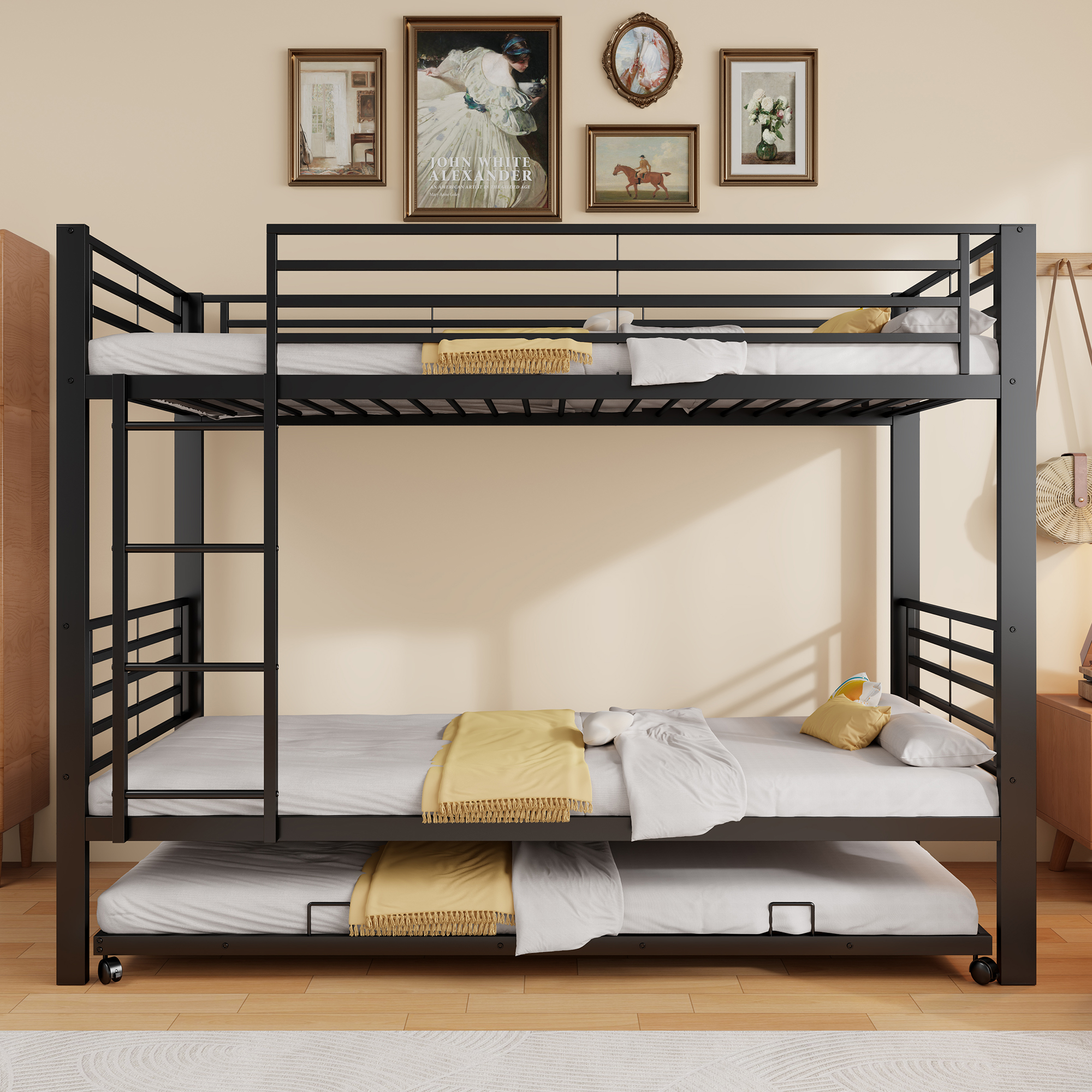 Lit superposé 90cm x 200cm avec lit gigogne, barrières de sécurité, en métal, noir, pour chambre enfant, sans matelas