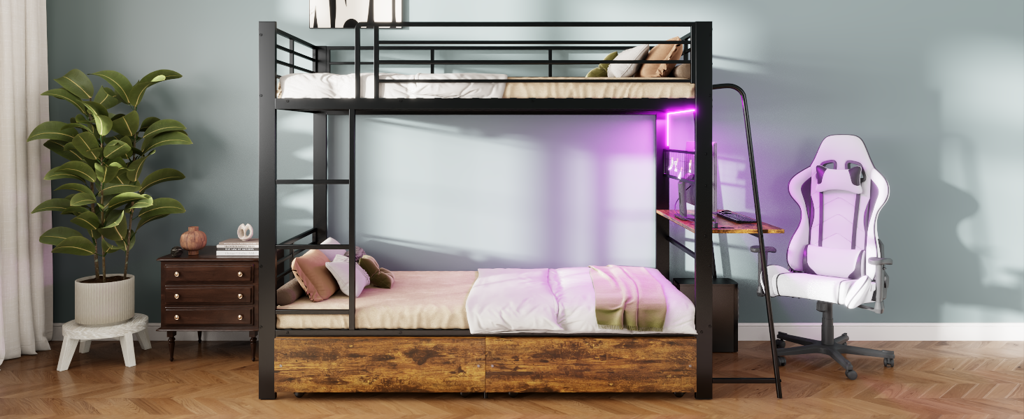 Etagenbett Metall 90x200 cm mit Schreibtisch, LED-