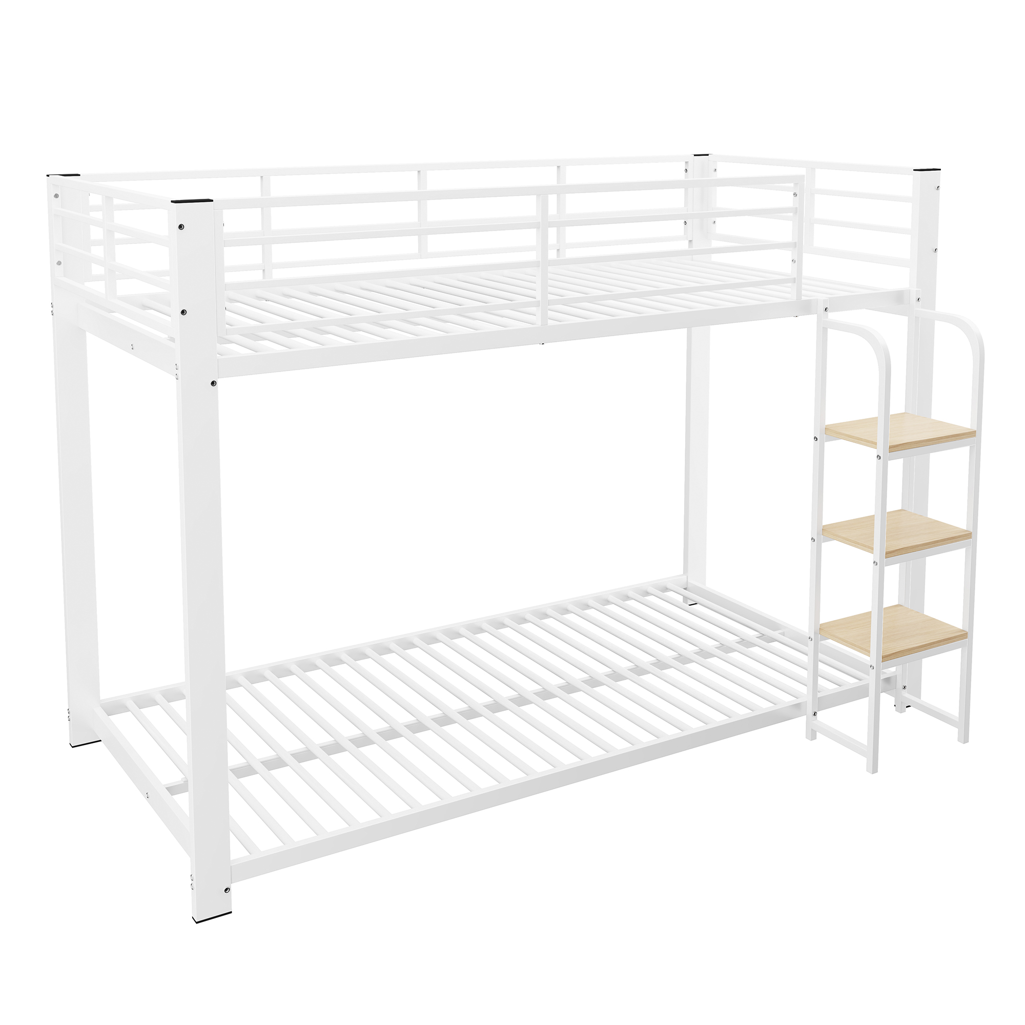 Présentation de Lit superposé en métal 90 x 200 cm avec barrières de sécurité, Blanc et Effet noyer