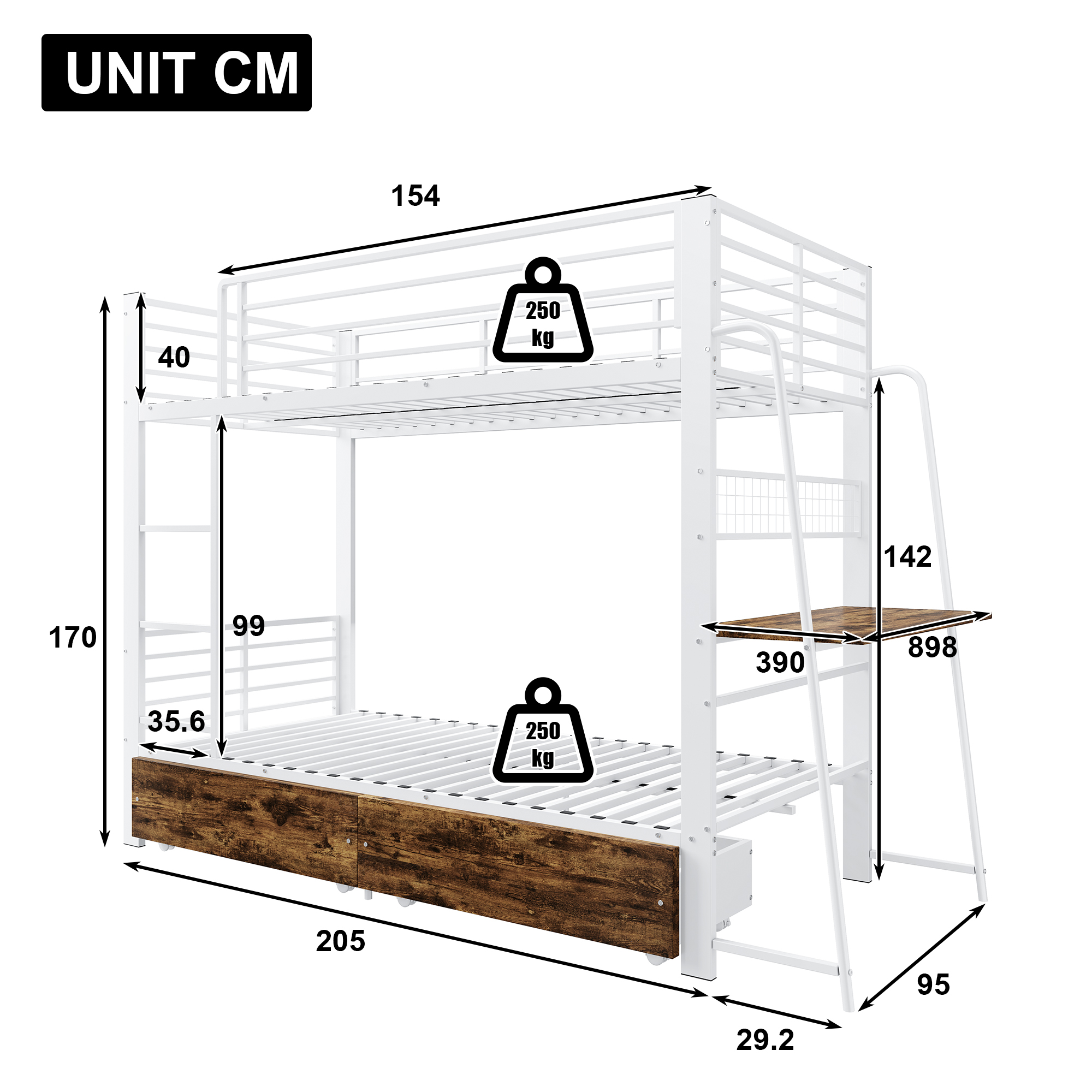 Dimensions et fonctions de Lit mezzanine en métal 90 x 200 cm avec bureau, éclairage LED, tiroirs et rangements, Noir et Dark Walnut et Blanc mat