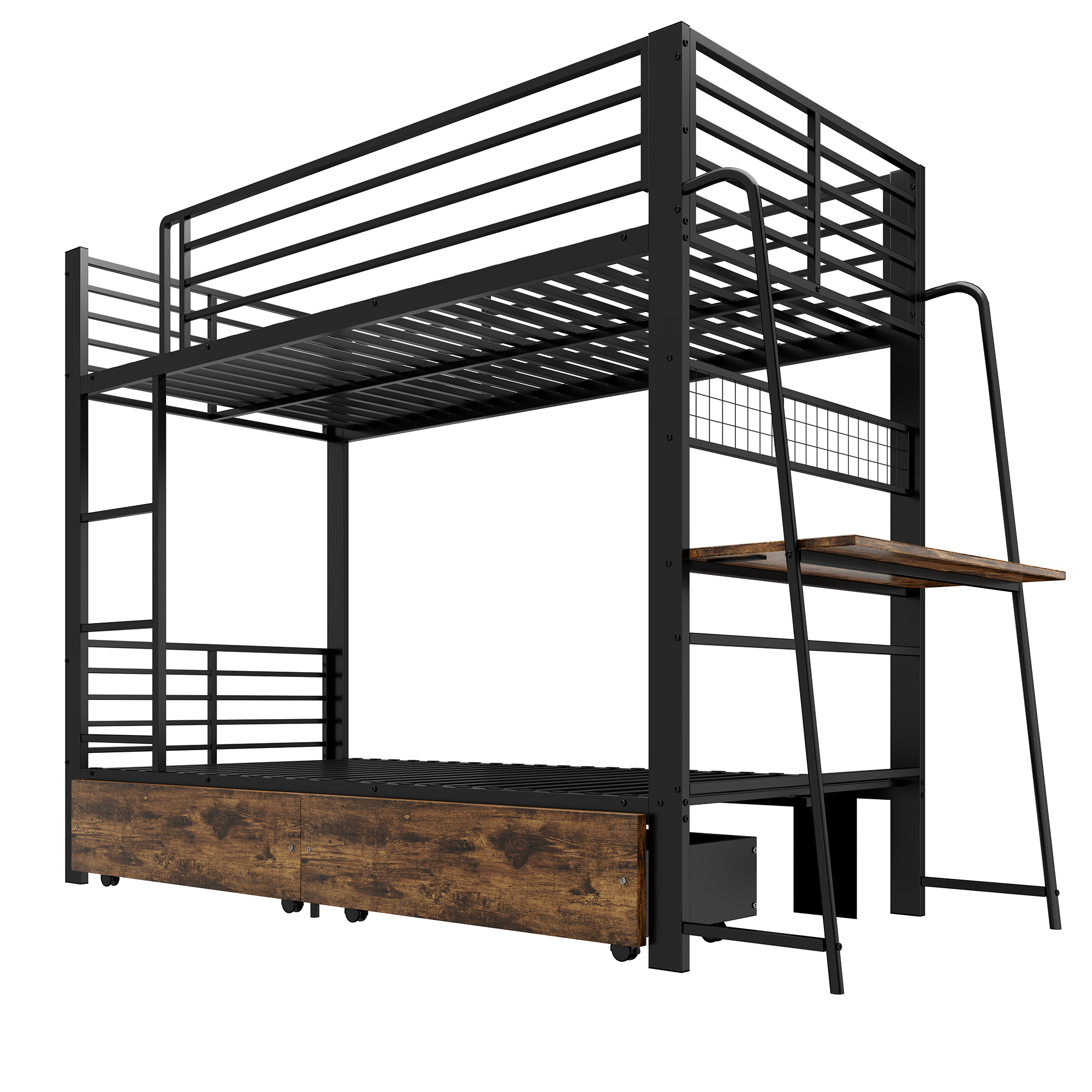 Détails de Lit mezzanine en métal 90 x 200 cm avec bureau, éclairage LED, tiroirs et rangements, Noir, sans matelas