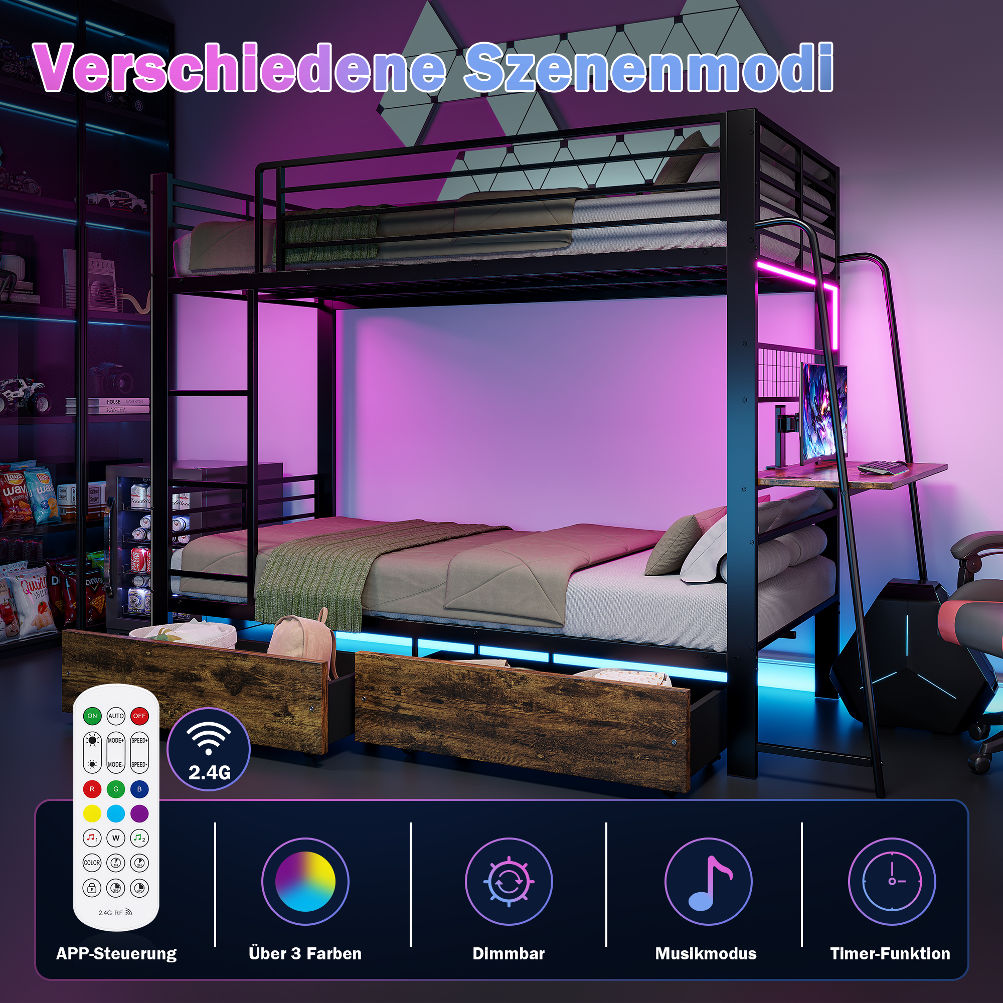 Lit mezzanine en métal 90 x 200 cm avec bureau, éclairage LED, tiroirs et rangements, Noir, sans matelas
