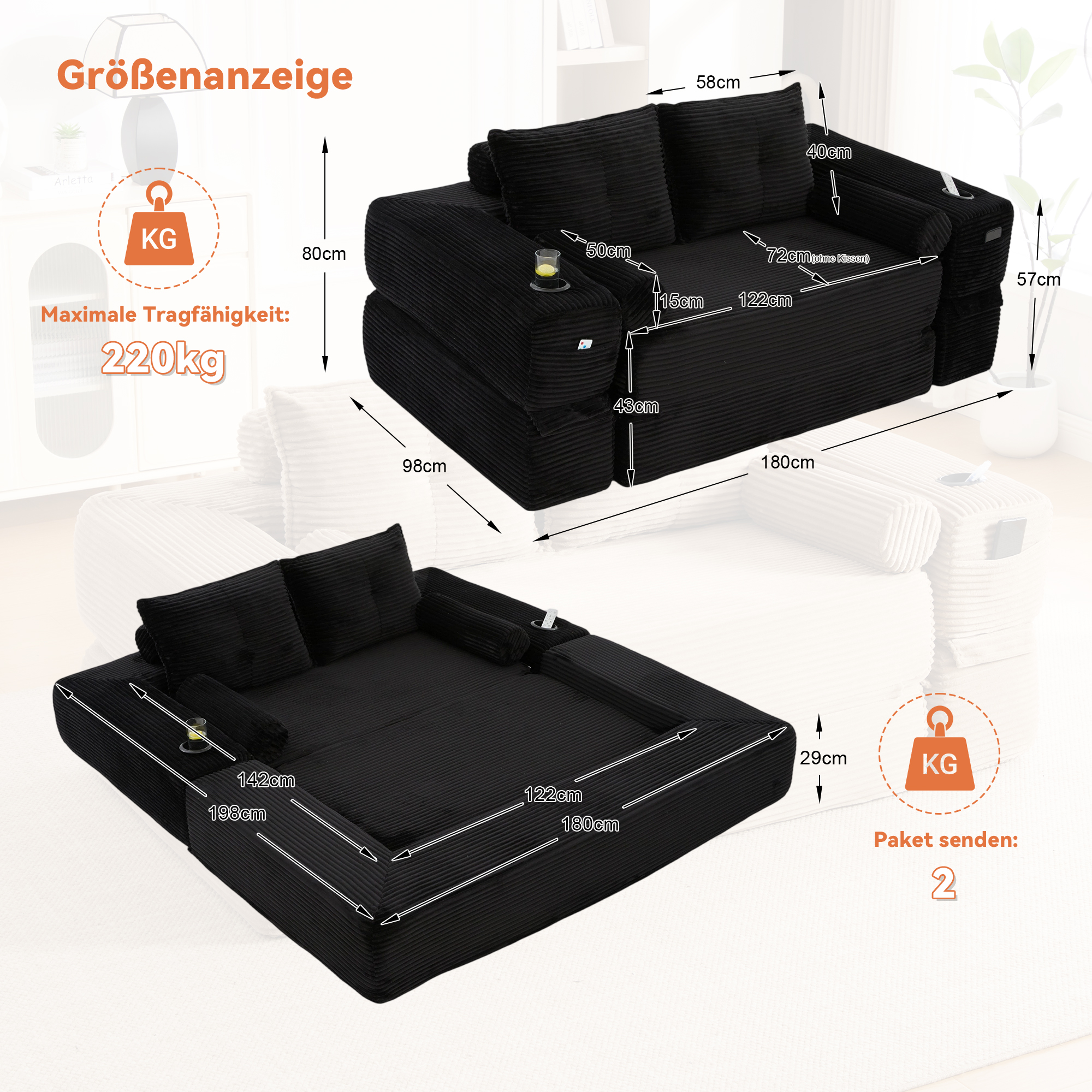 Canapé-lit pliable 2 places en corduroy noir avec porte-gobelets - vue 2