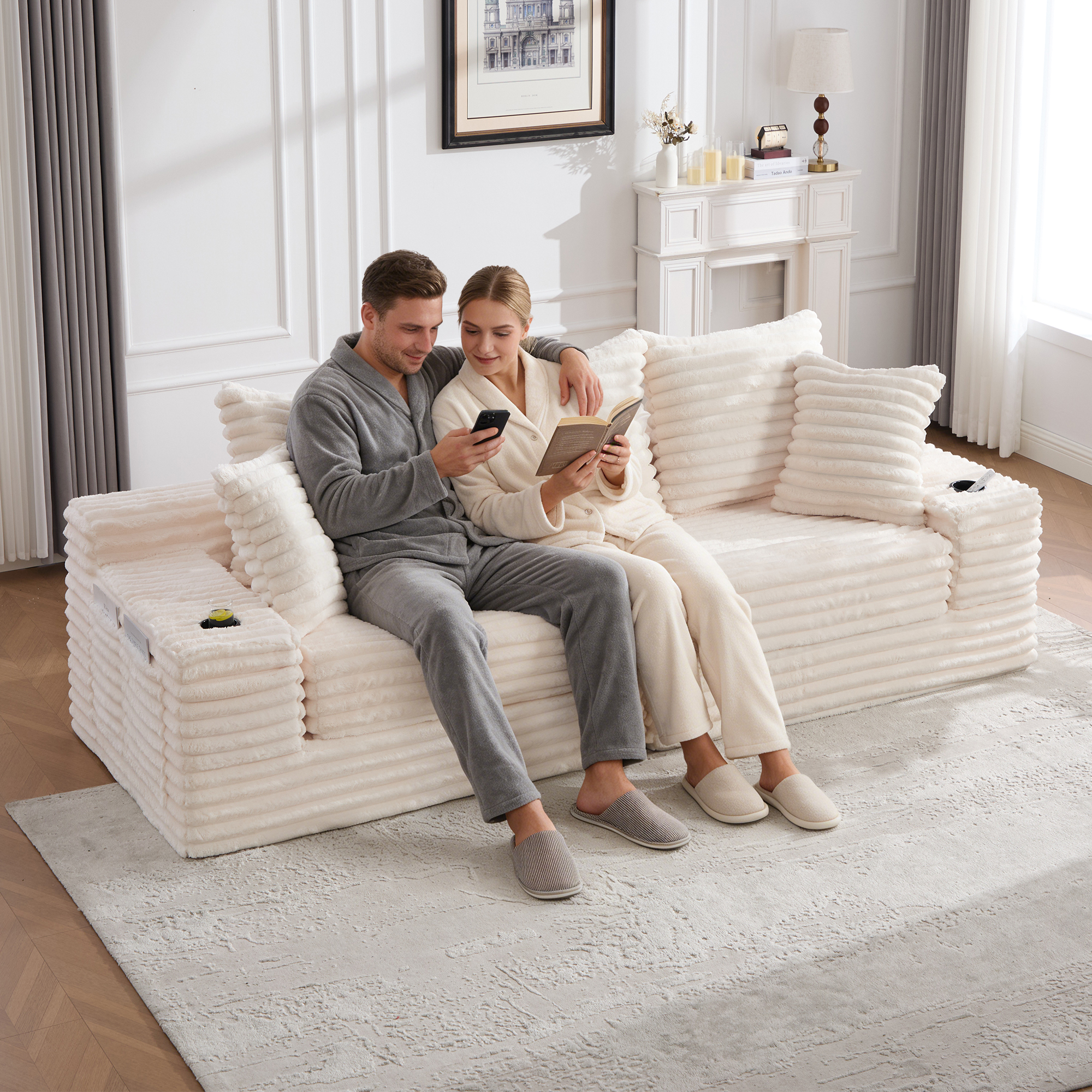 Canapé compressible beige en corduroy avec coussins latéraux - vue 3