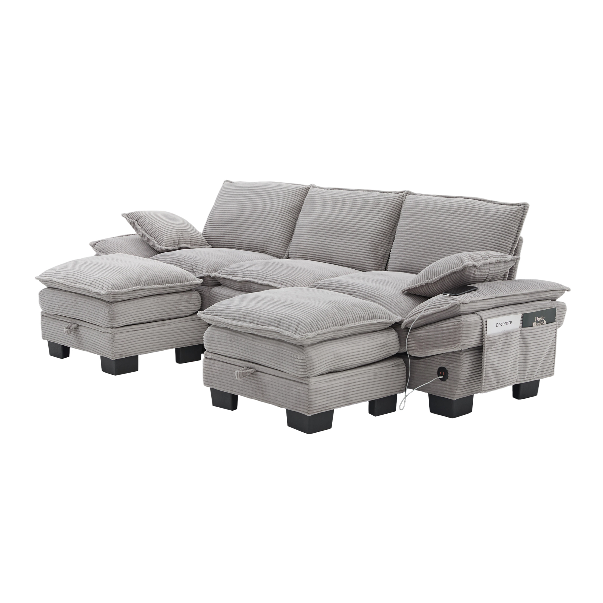 Canapé modulable 3 places 260 x 132 x 84 cm, avec coffre sous l’assise, pouf, ports USB/USB-C et prise électrique, Velours côtelé, gris clair - vue complémentaire 1