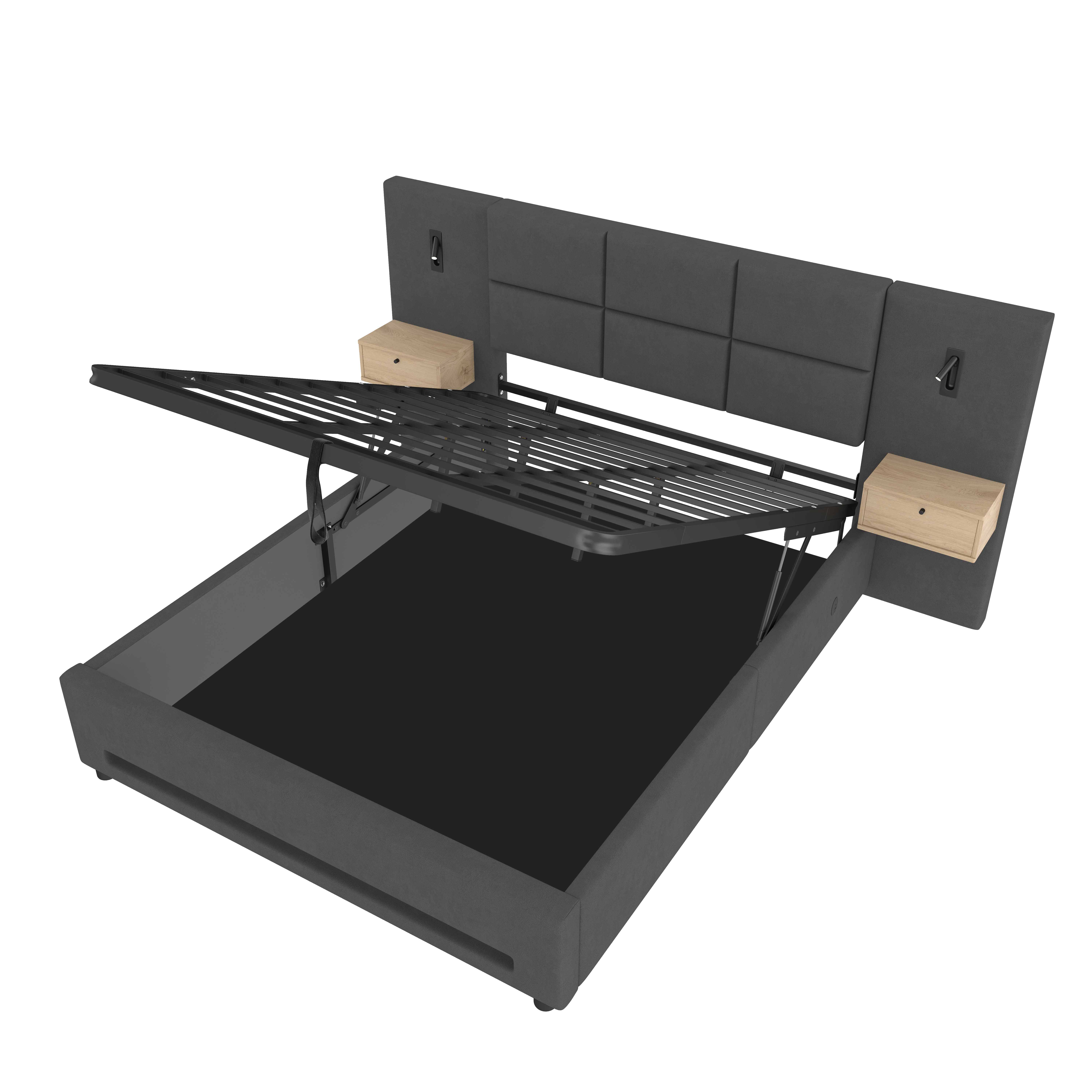 Lit coffre rembourré 180 x 200 cm avec échelle, LED, ports de charge, rangement hydraulique, velours, Gris foncé - vue complémentaire