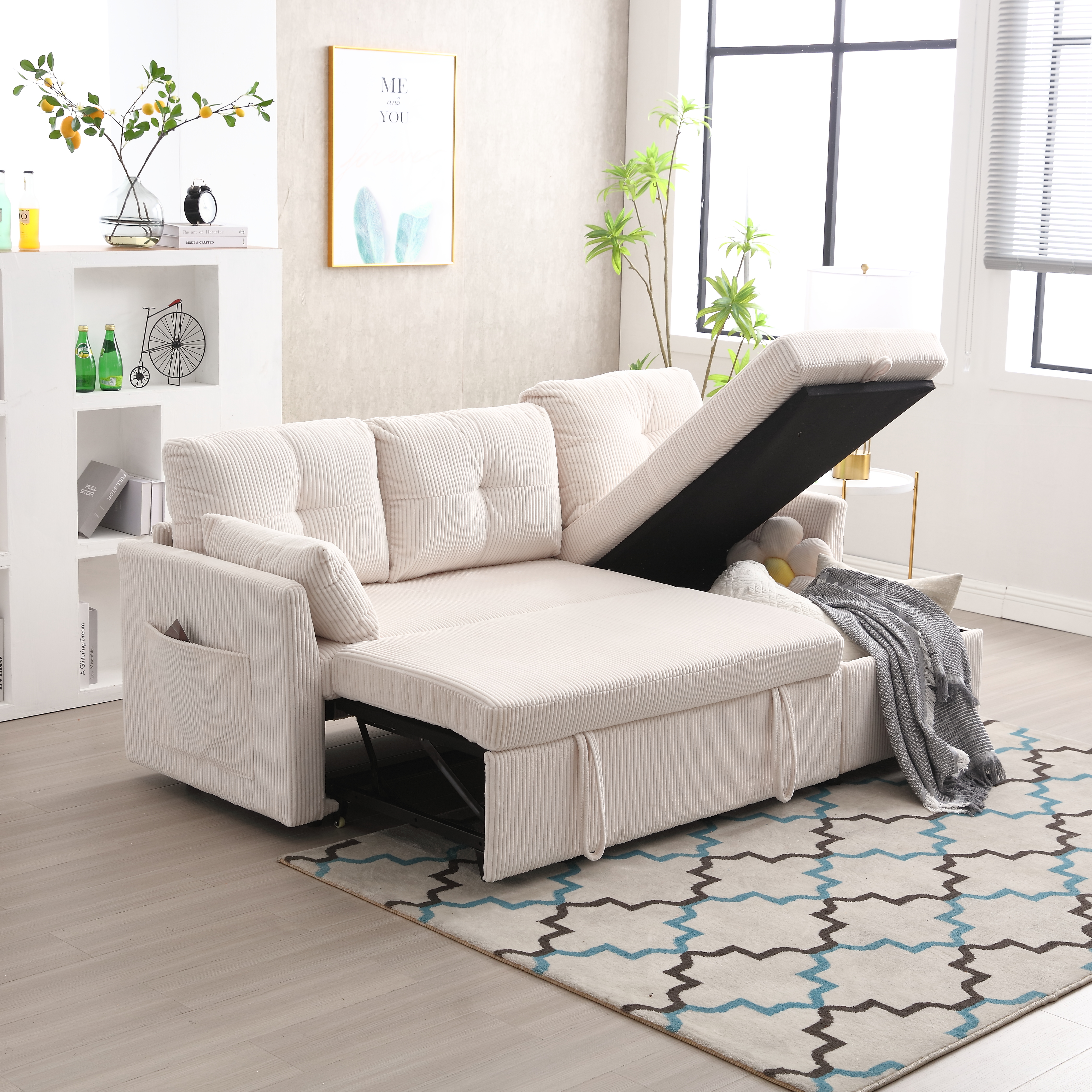 Canapé-lit multifonction beige en corduroy avec rangement - vue 4