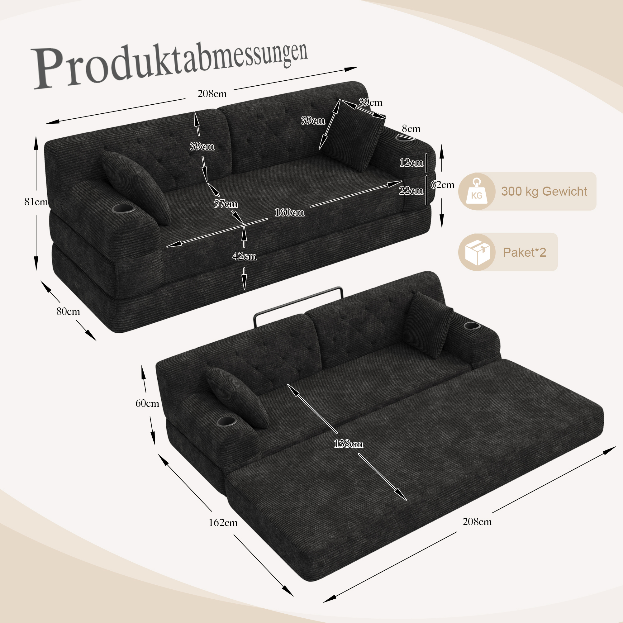 Canapé convertible 3 places 208x80x81 cm avec rangements, porte-gobelets en velours côtelé noir - points forts 1