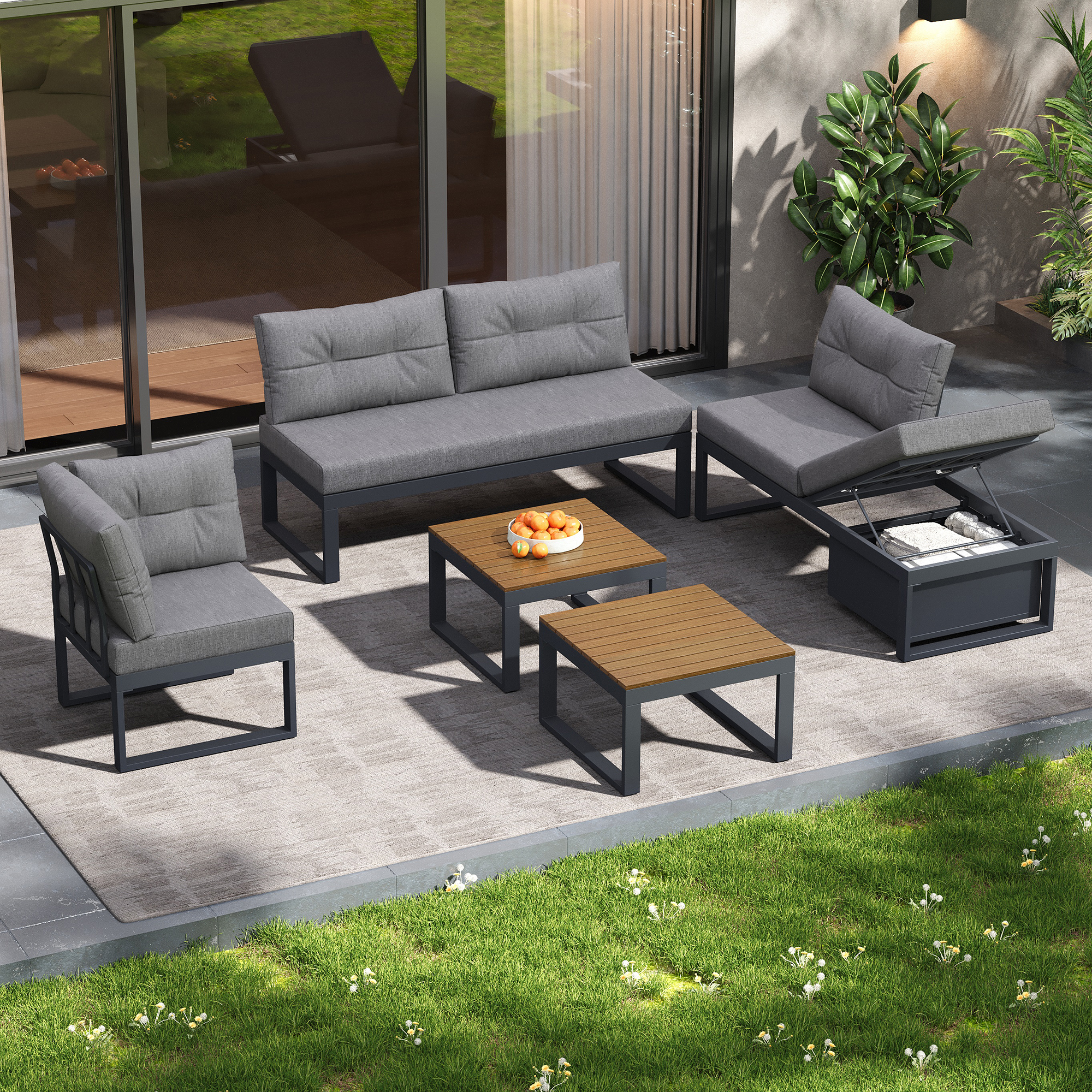 Structure modulaire librement combinable, dossier réglable sur 3 positions, rangement intégré